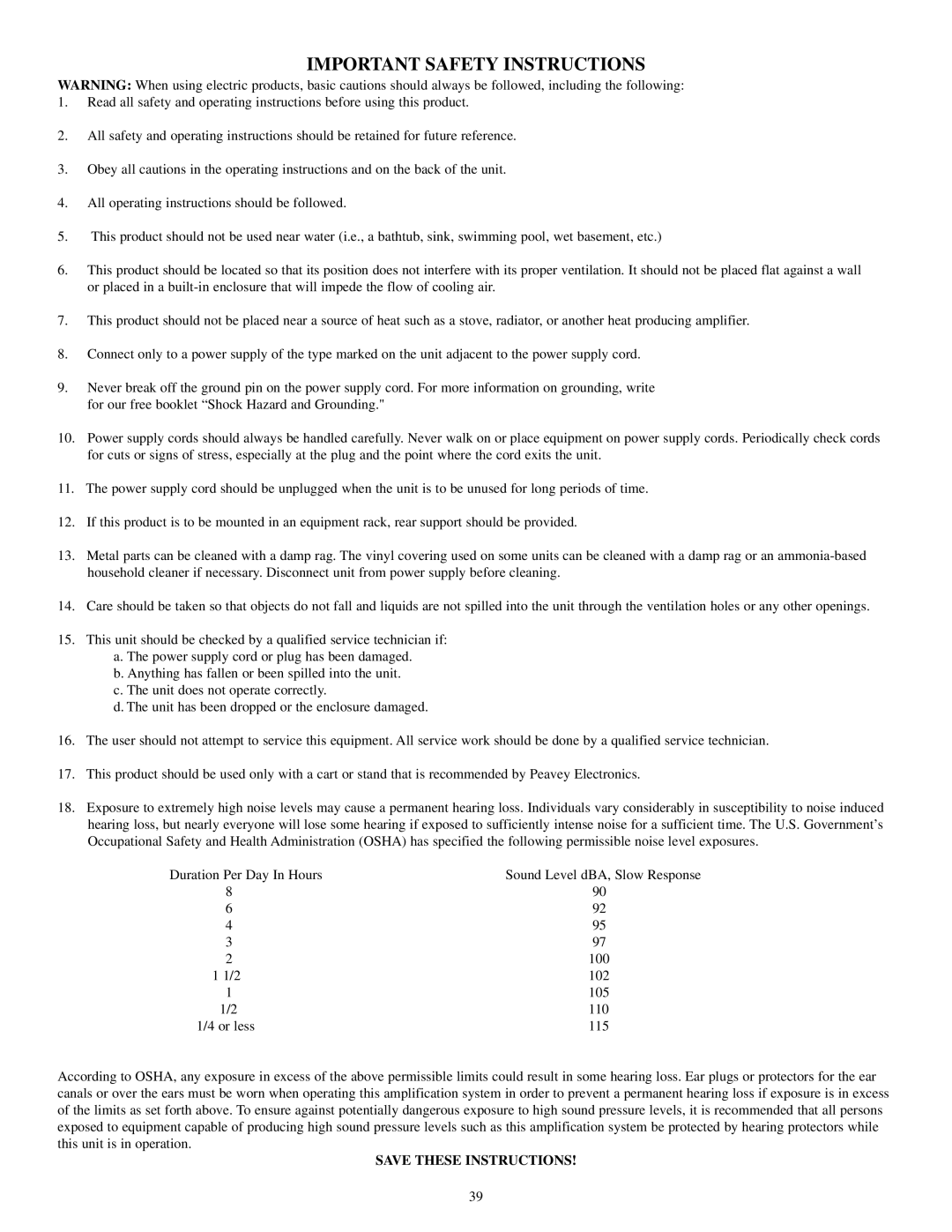 Musica 2000 manual Important Safety Instructions 