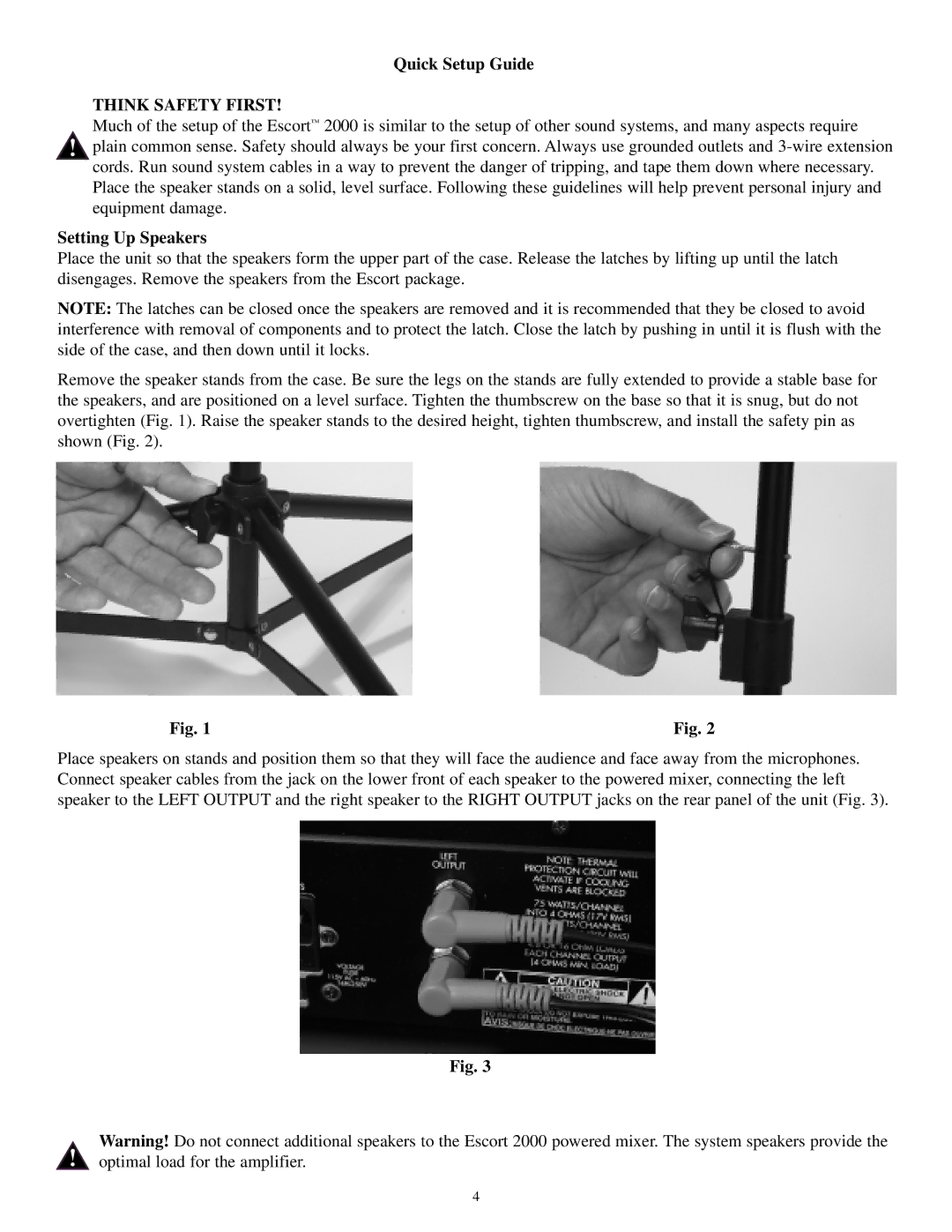 Musica 2000 manual Quick Setup Guide, Escort, Setting Up Speakers 