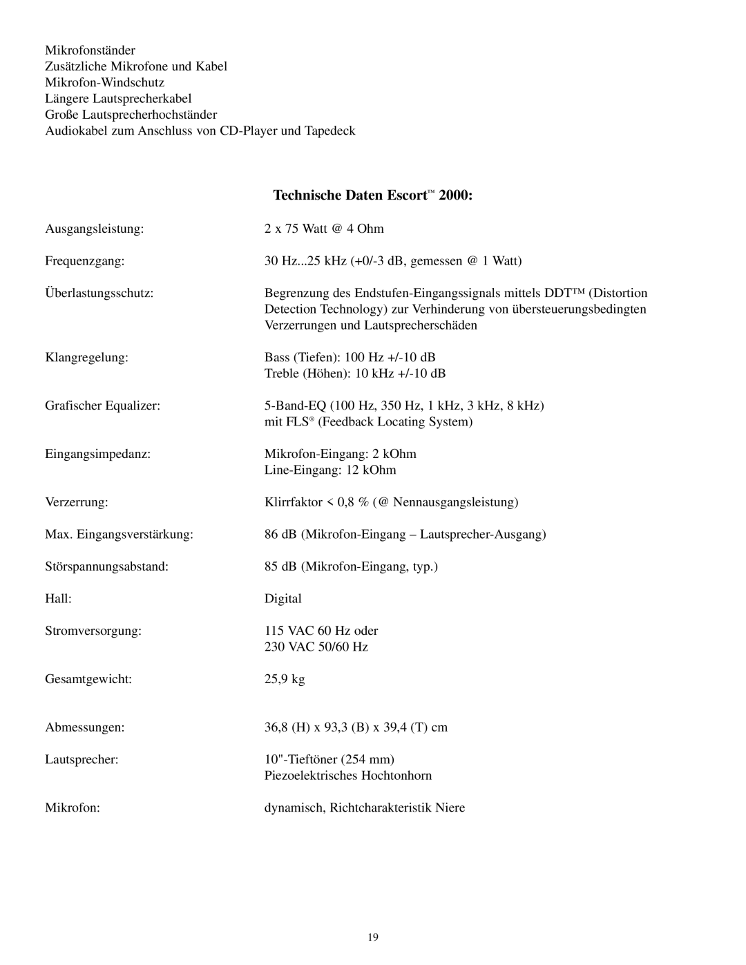 Musica 2000 manual Technische Daten Escort, Piezoelektrisches Hochtonhorn 