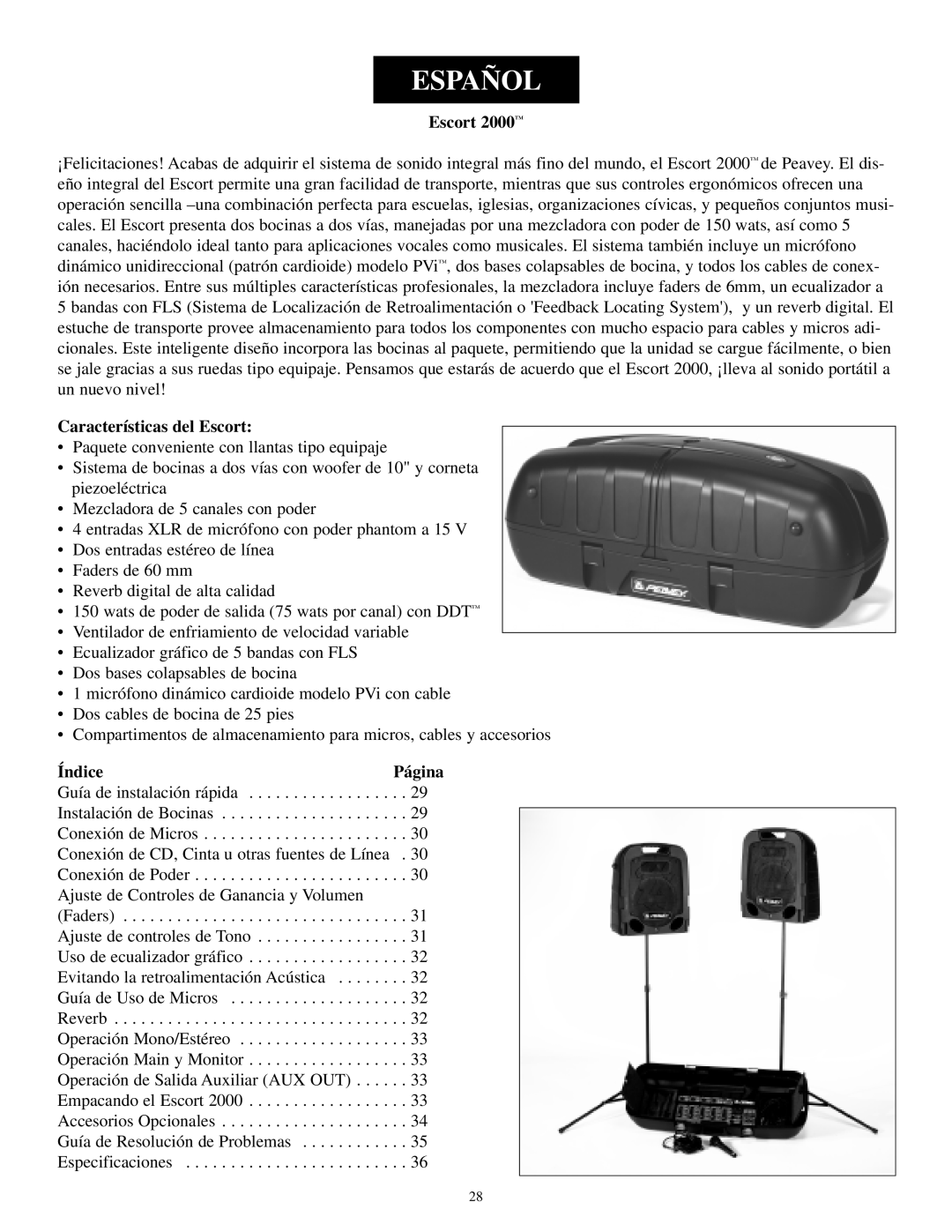 Musica 2000 manual Español, Características del Escort, Índice, Página 