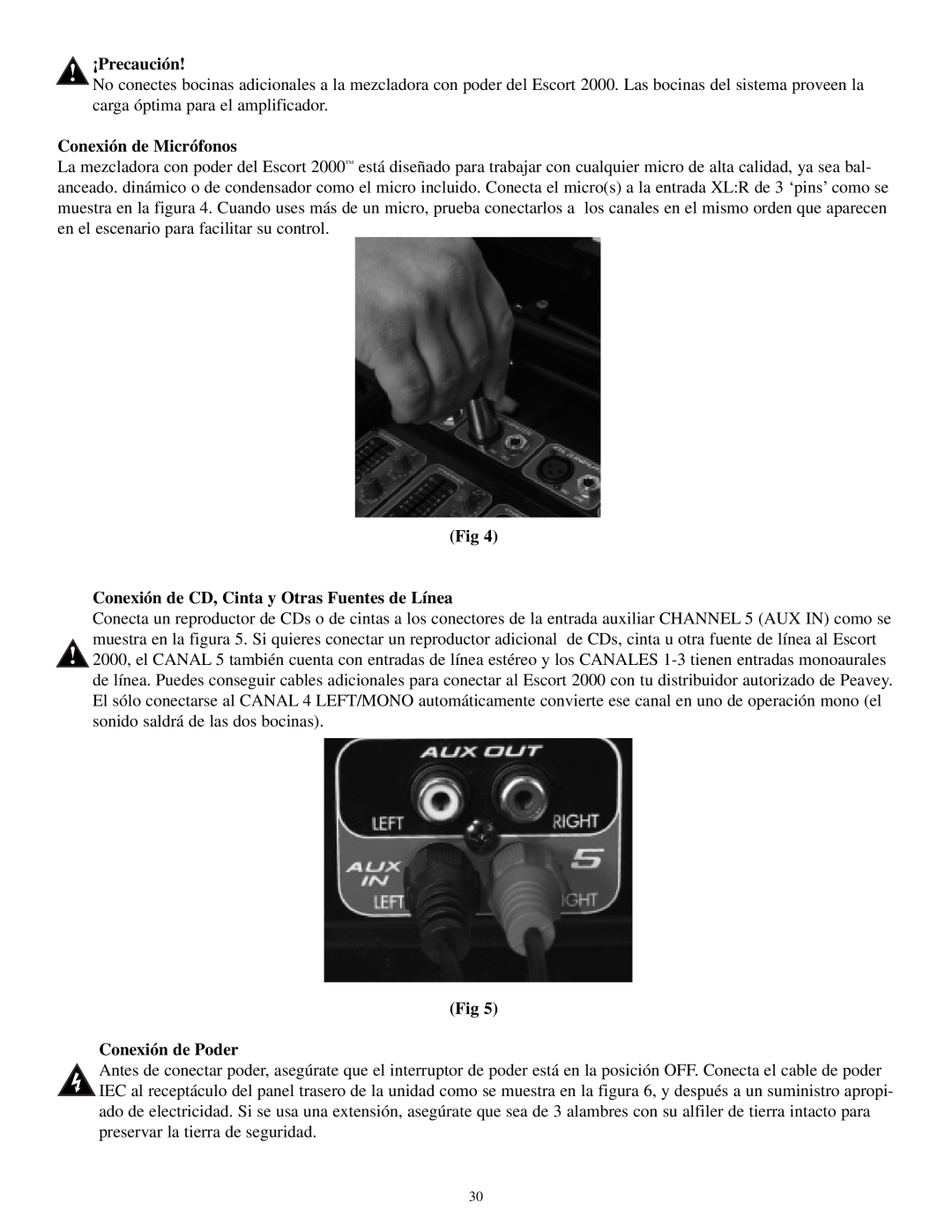 Musica 2000 manual ¡Precaución, Conexión de Micrófonos, Conexión de CD, Cinta y Otras Fuentes de Línea, Conexión de Poder 
