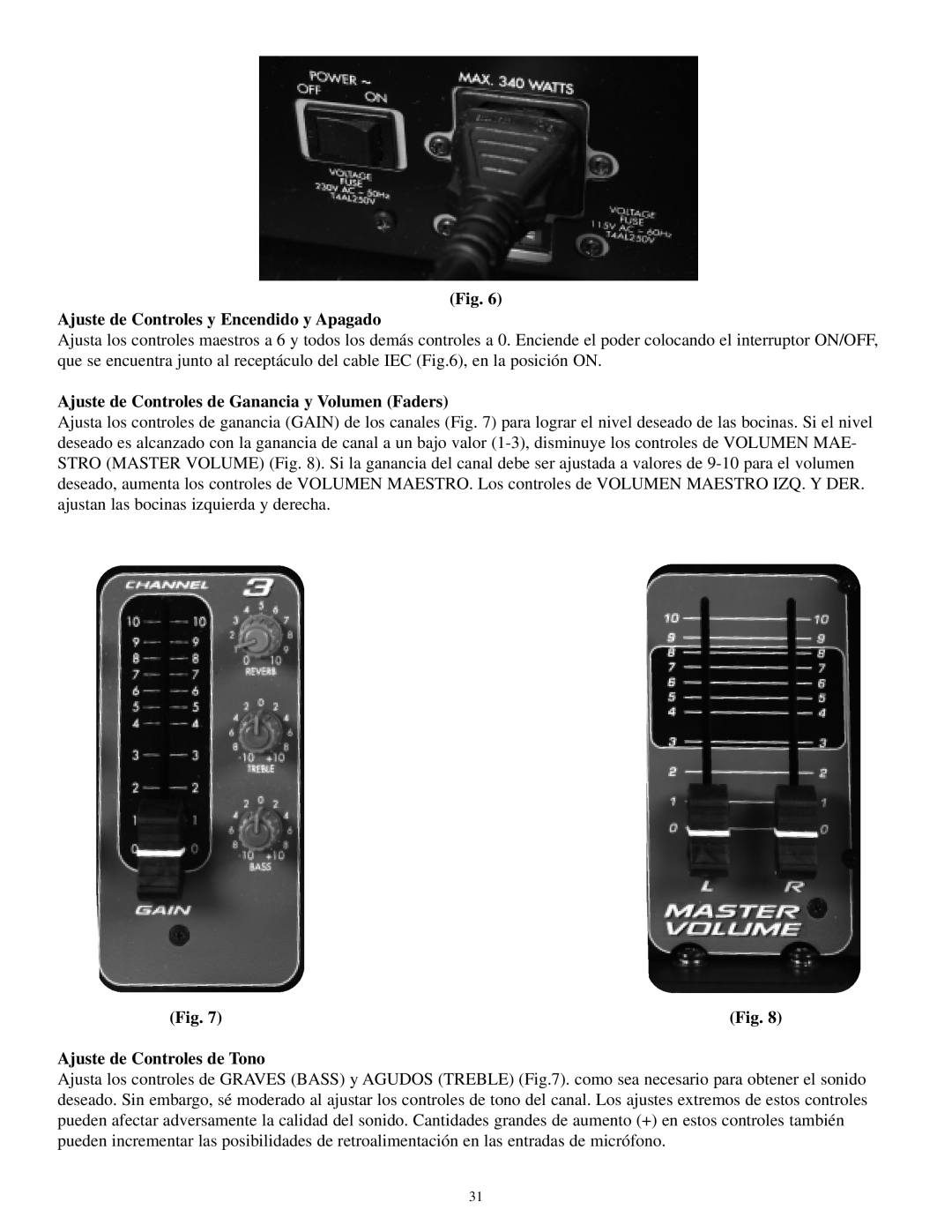 Musica 2000 manual Ajuste de Controles y Encendido y Apagado, Ajuste de Controles de Ganancia y Volumen Faders 