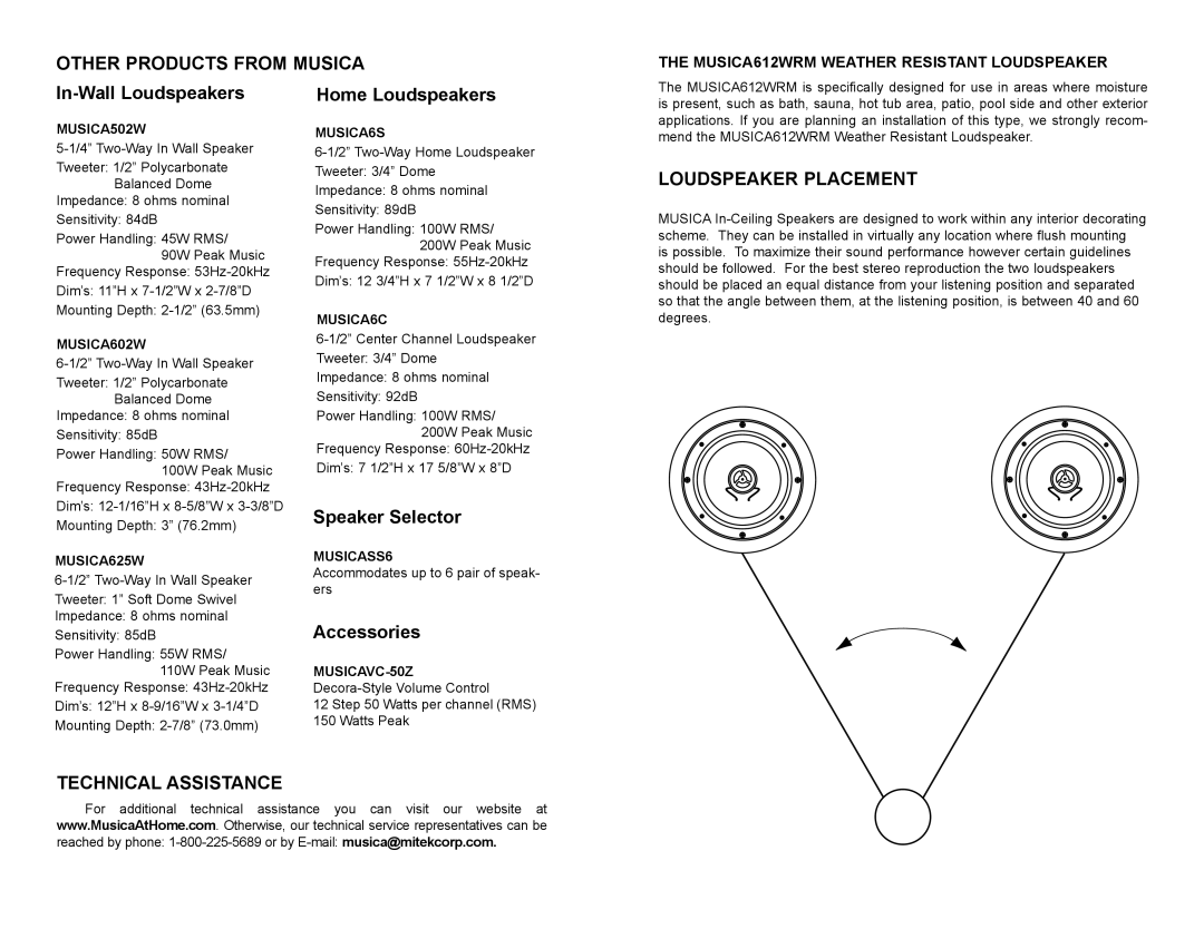 Musica 21A7334 owner manual Other Products from Musica, Loudspeaker Placement, Technical Assistance 