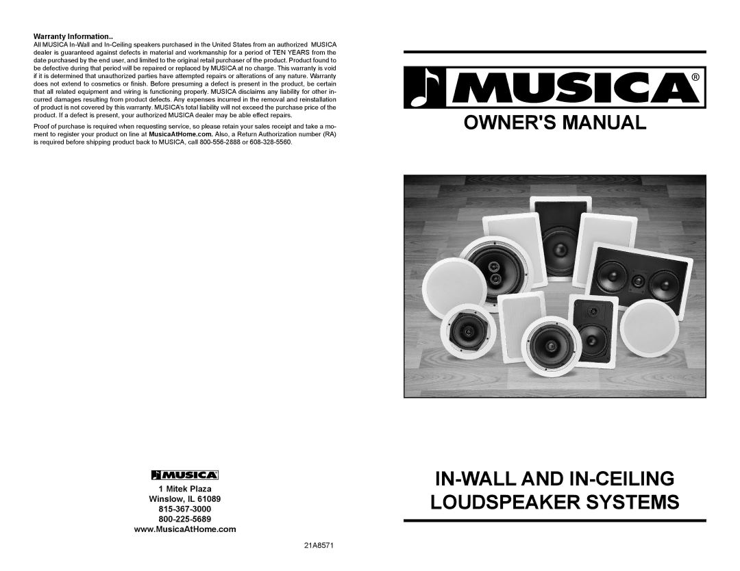 Musica 21A8571 owner manual IN-WALL and IN-CEILING Loudspeaker Systems, Warranty Information 