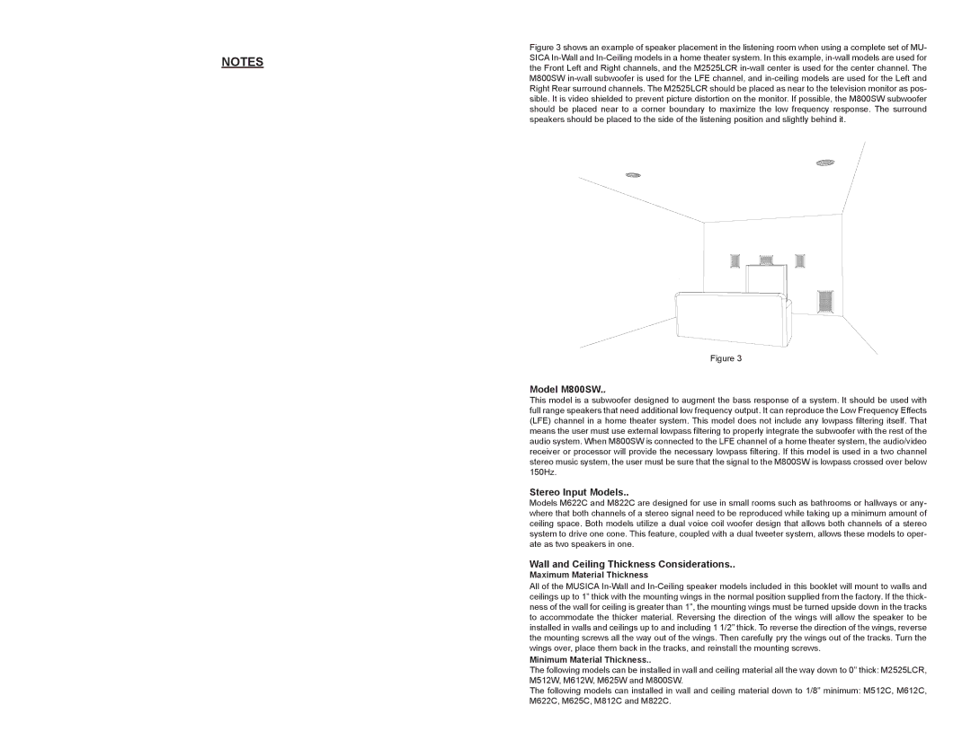 Musica 21A8571 Model M800SW, Stereo Input Models, Wall and Ceiling Thickness Considerations, Maximum Material Thickness 