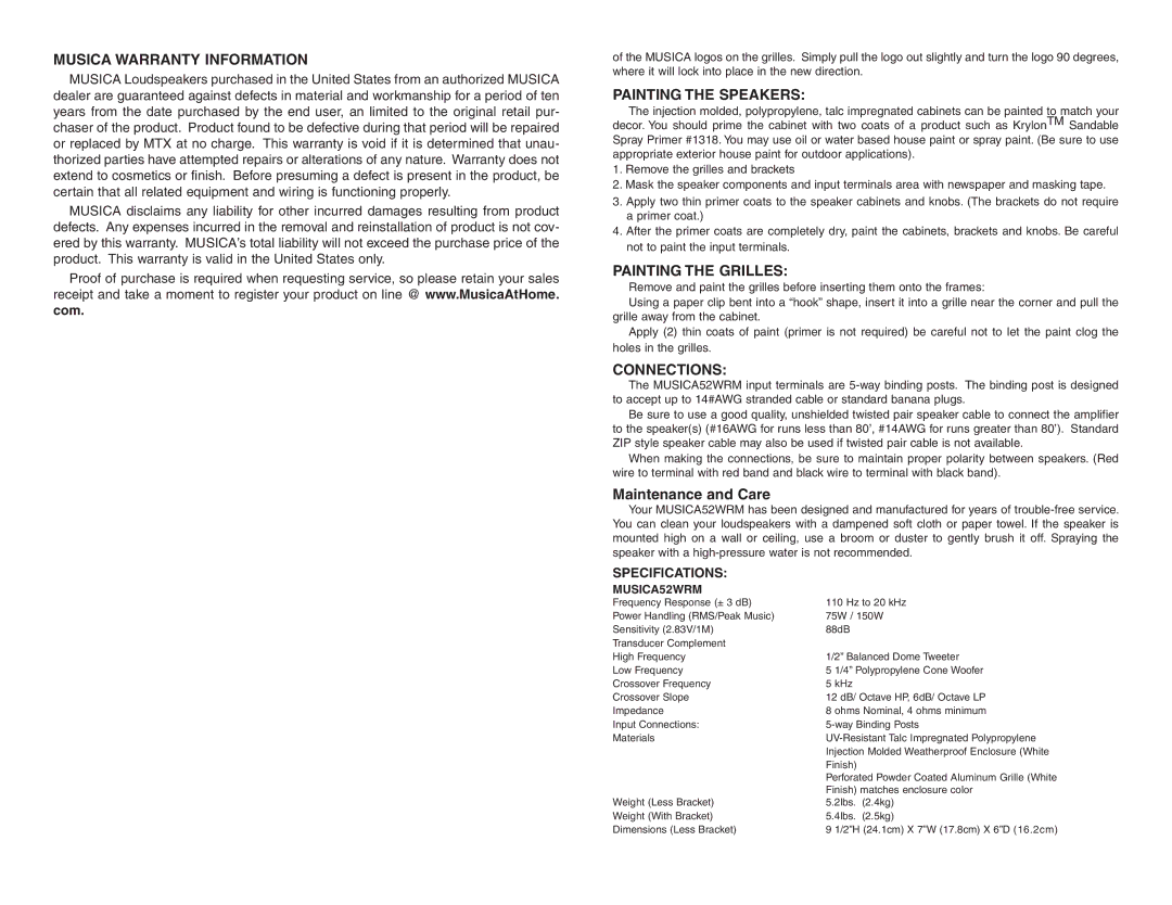 Musica 52WRM Musica Warranty Information, Painting the Speakers, Painting the Grilles, Connections, Maintenance and Care 