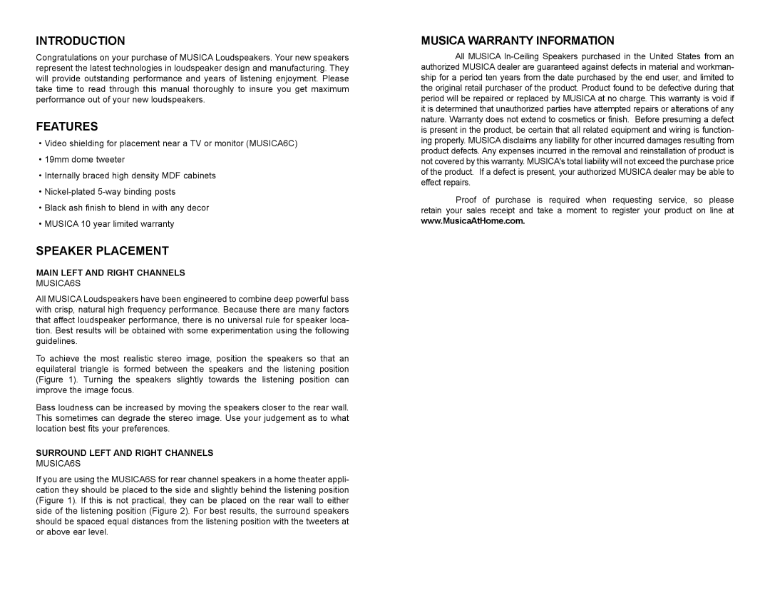 Musica 6S, 6C owner manual Introduction, Features, Speaker Placement, Musica Warranty Information 