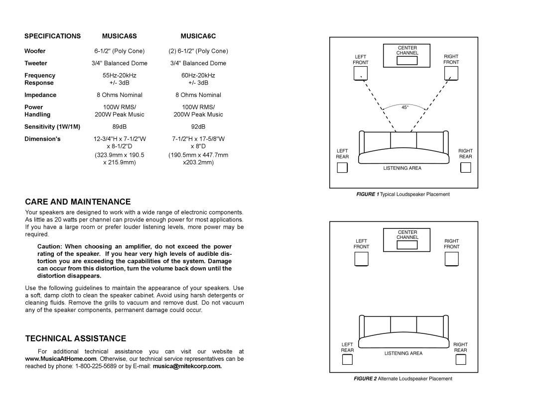 Musica 6C, 6S owner manual Care and Maintenance, Technical Assistance 