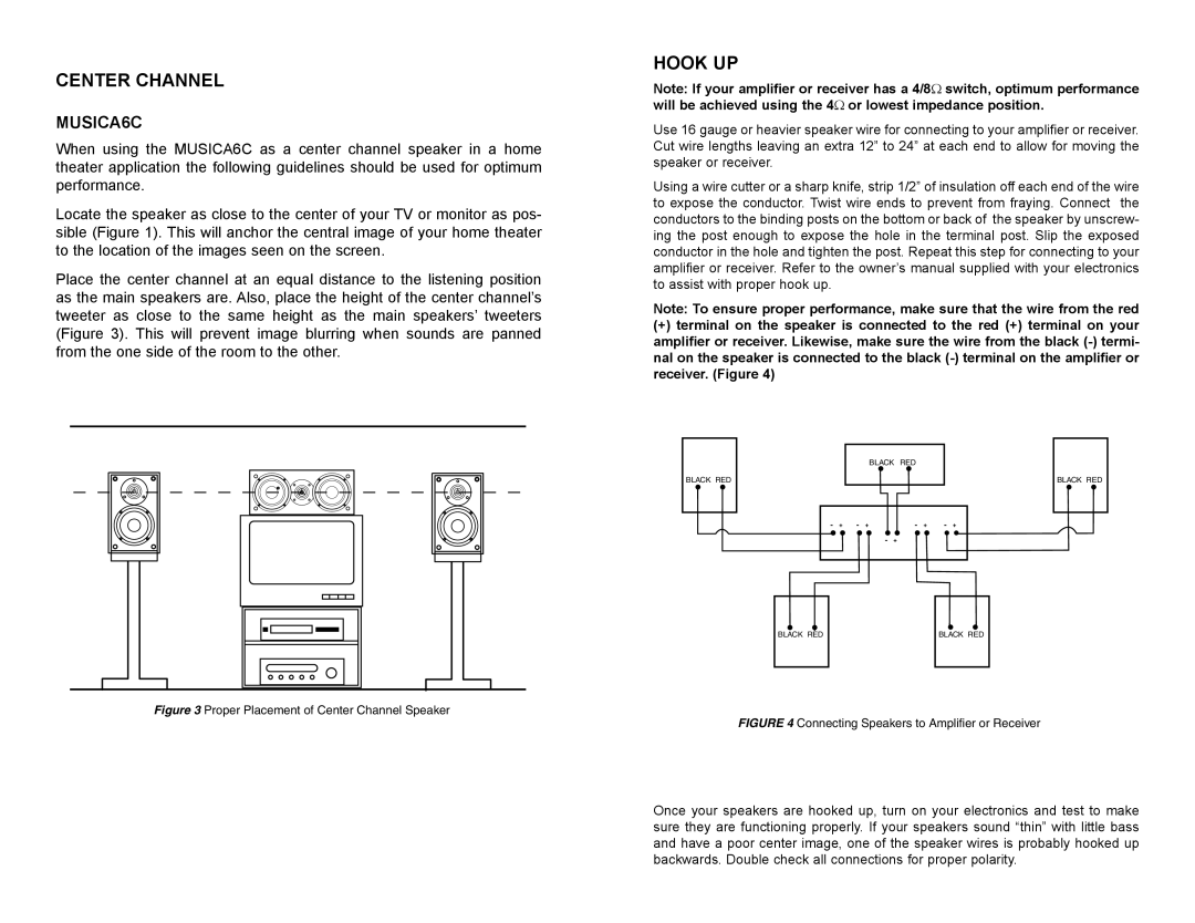 Musica 6S, 6C owner manual Center Channel, Hook UP 