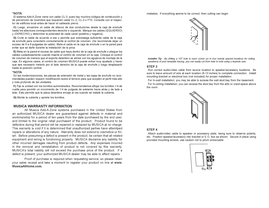 Musica ADD - A - ZONE SYSTEMS, ADZ612C, ADZ502W owner manual Musica Warranty Information, Nota, MusicaAtHome.com 