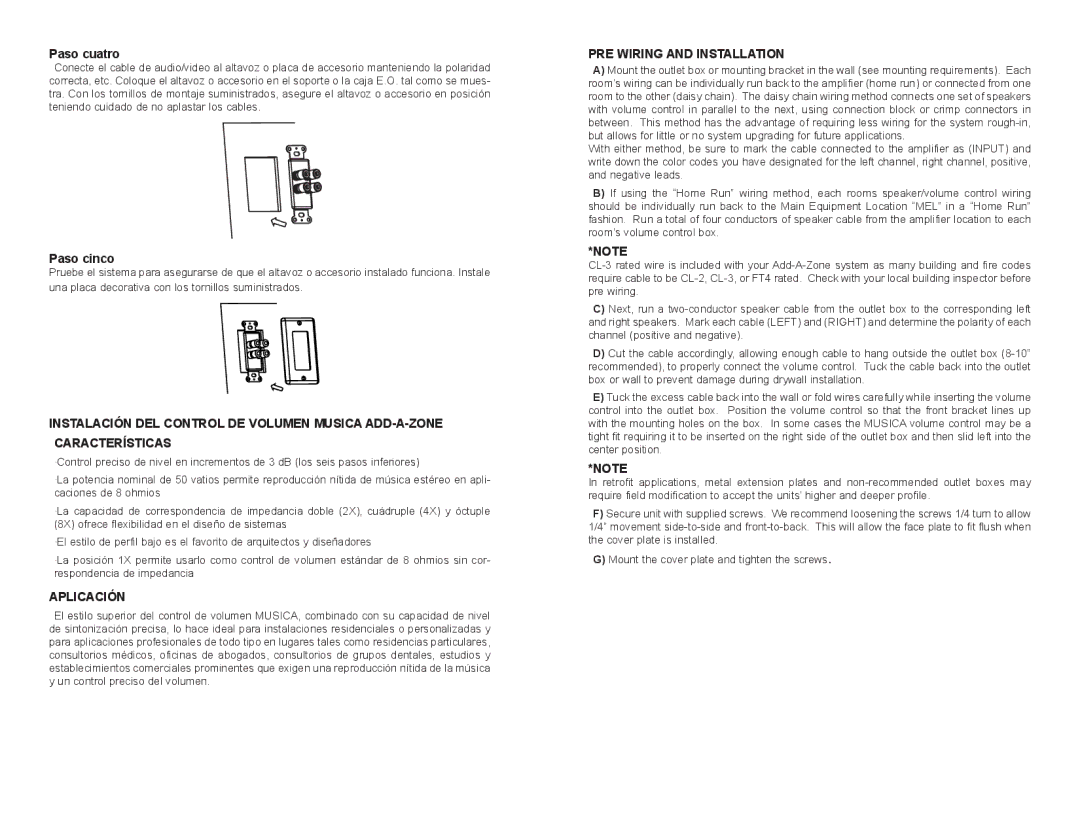 Musica ADZ612C, ADD - A - ZONE SYSTEMS, ADZ502W owner manual Paso cuatro, Paso cinco, Aplicación, PRE Wiring and Installation 