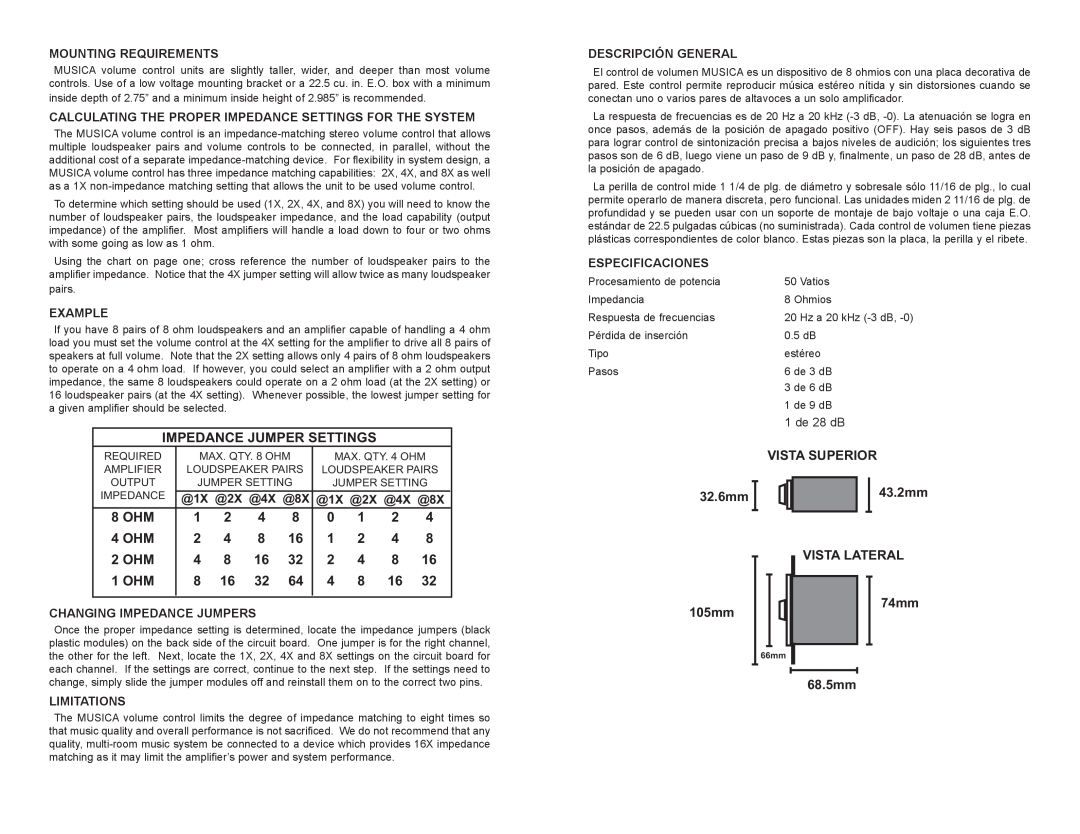 Musica ADD - A - ZONE SYSTEMS, ADZ612C, ADZ502W owner manual Impedance Jumper Settings 