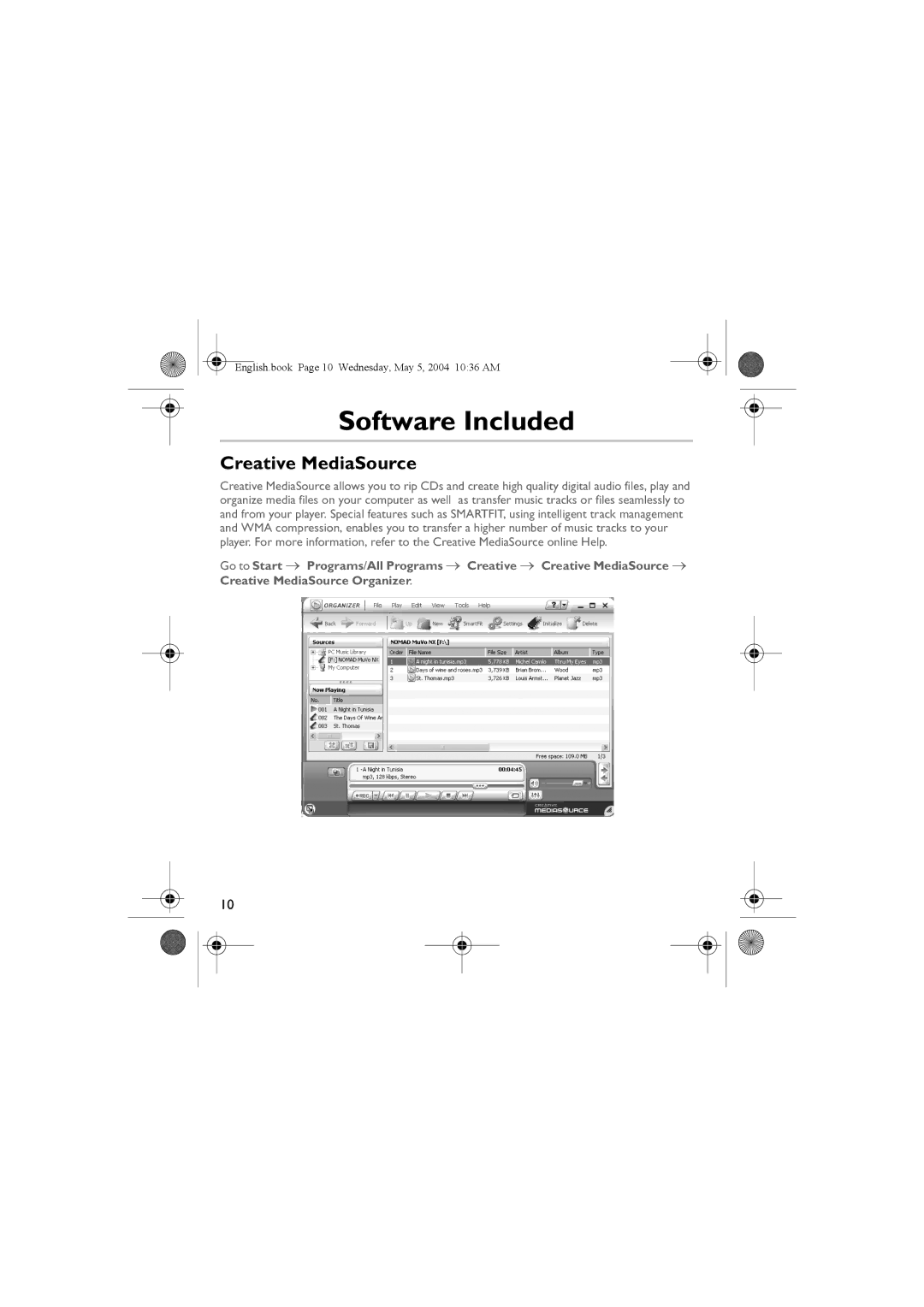 Musica CD Player manual Software Included, Creative MediaSource 