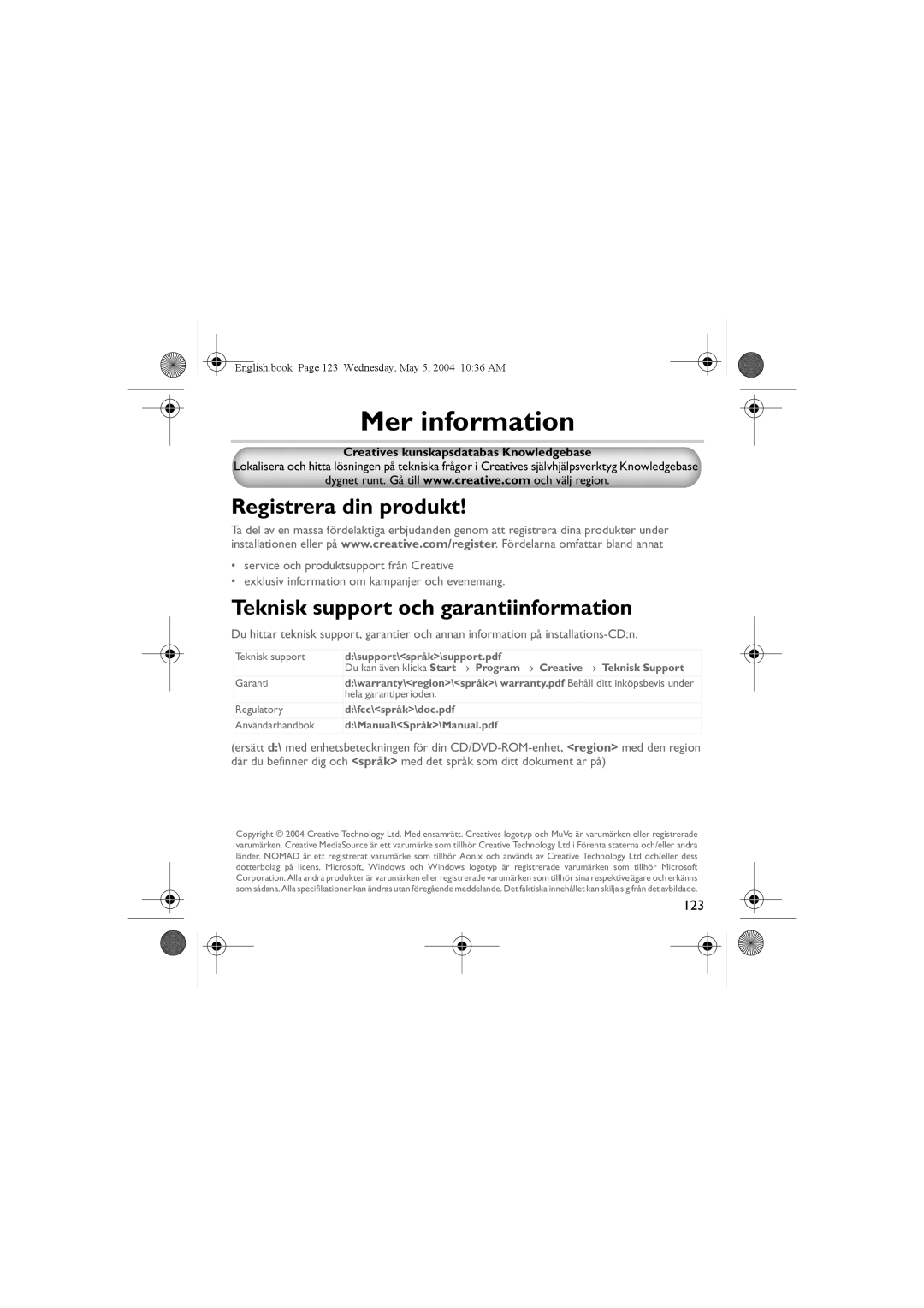 Musica CD Player manual Mer information, Registrera din produkt, Teknisk support och garantiinformation 