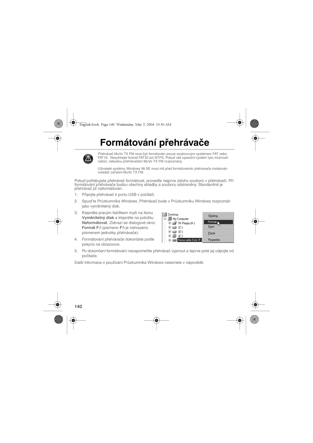 Musica CD Player manual Formátování přehrávače 