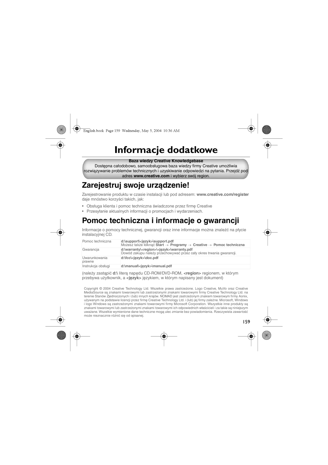 Musica CD Player manual Informacje dodatkowe, Zarejestruj swoje urządzenie, Pomoc techniczna i informacje o gwarancji 