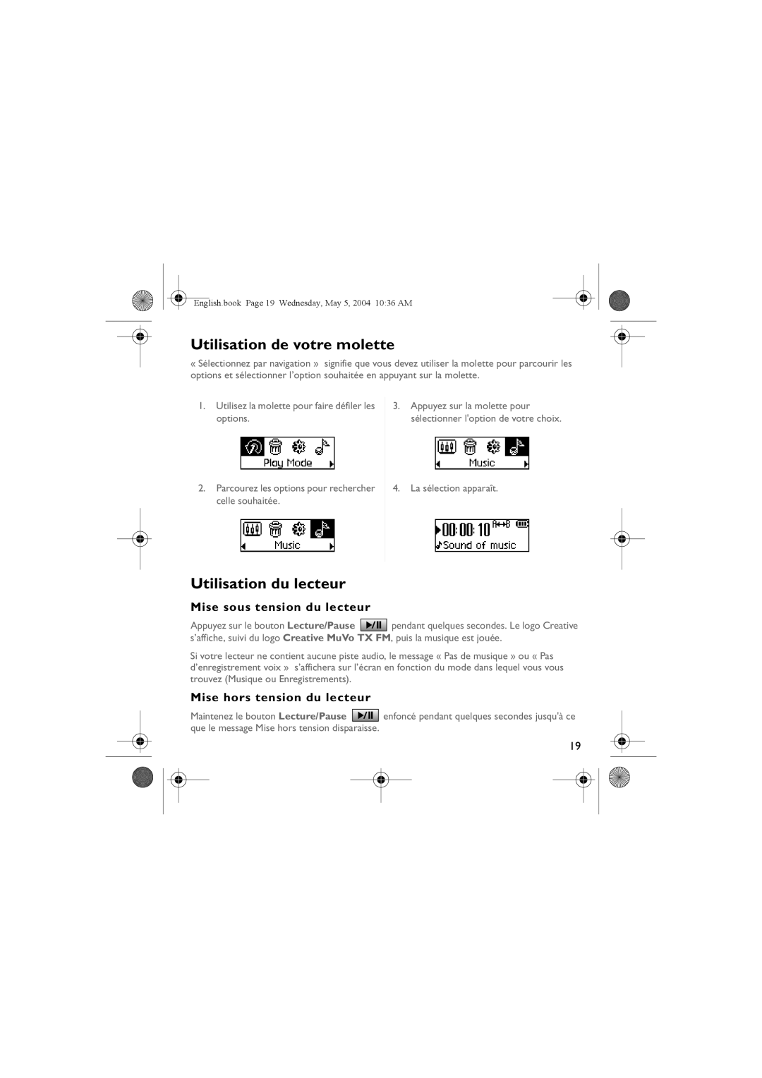 Musica CD Player manual Utilisation de votre molette, Utilisation du lecteur, Mise sous tension du lecteur 