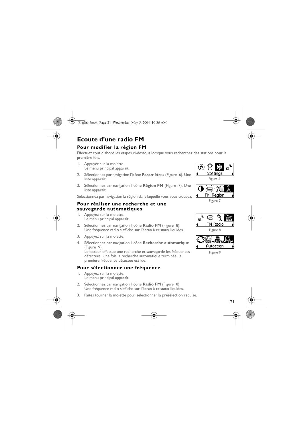 Musica CD Player manual Ecoute d’une radio FM, Pour modifier la région FM, Pour sélectionner une fréquence 