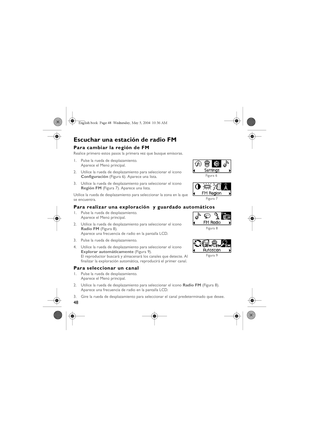 Musica CD Player manual Escuchar una estación de radio FM, Para cambiar la región de FM, Para seleccionar un canal 