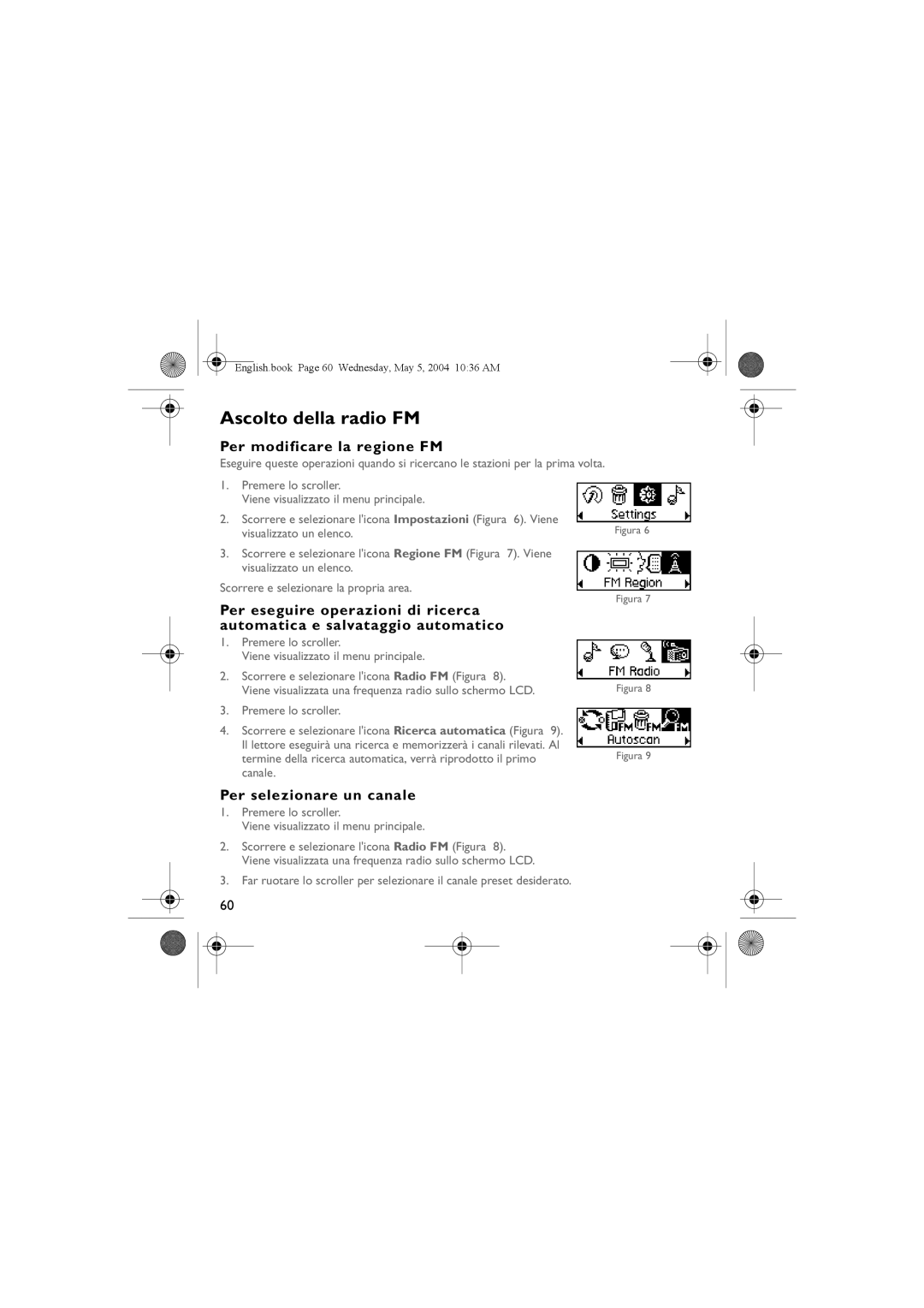 Musica CD Player manual Ascolto della radio FM, Per modificare la regione FM, Per selezionare un canale 