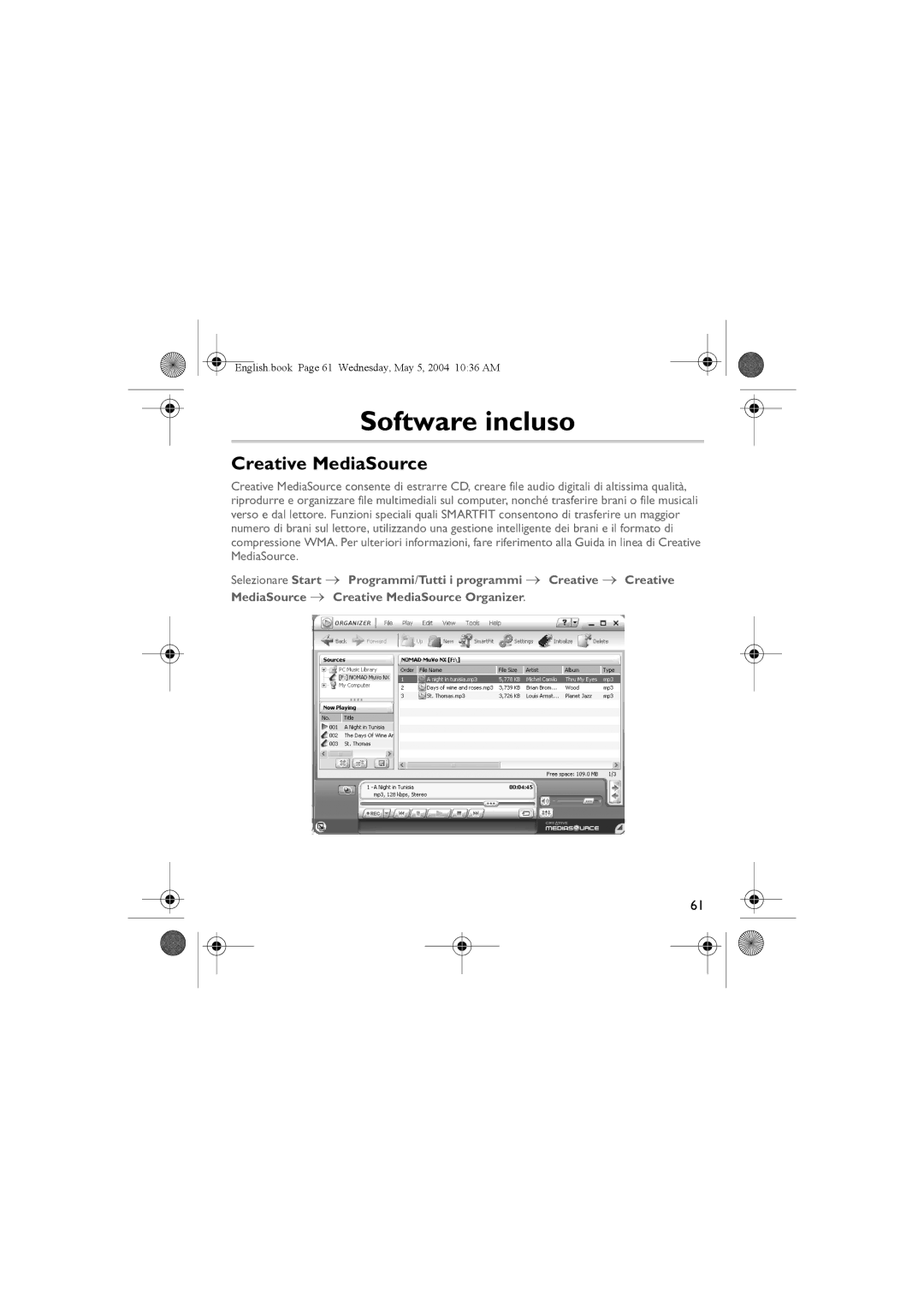 Musica CD Player manual Software incluso, Creative MediaSource 