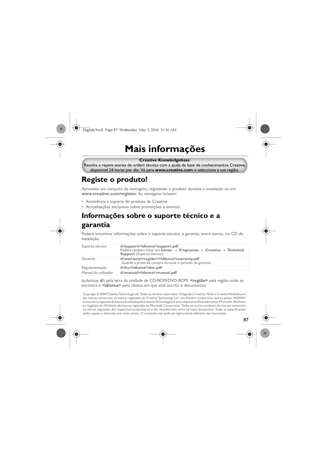 Musica CD Player manual Mais informações, Registe o produto 