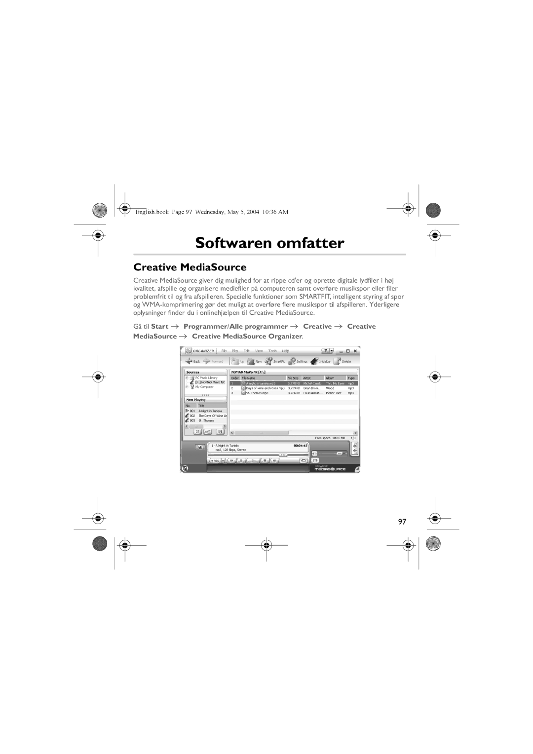 Musica CD Player manual Softwaren omfatter, Creative MediaSource 
