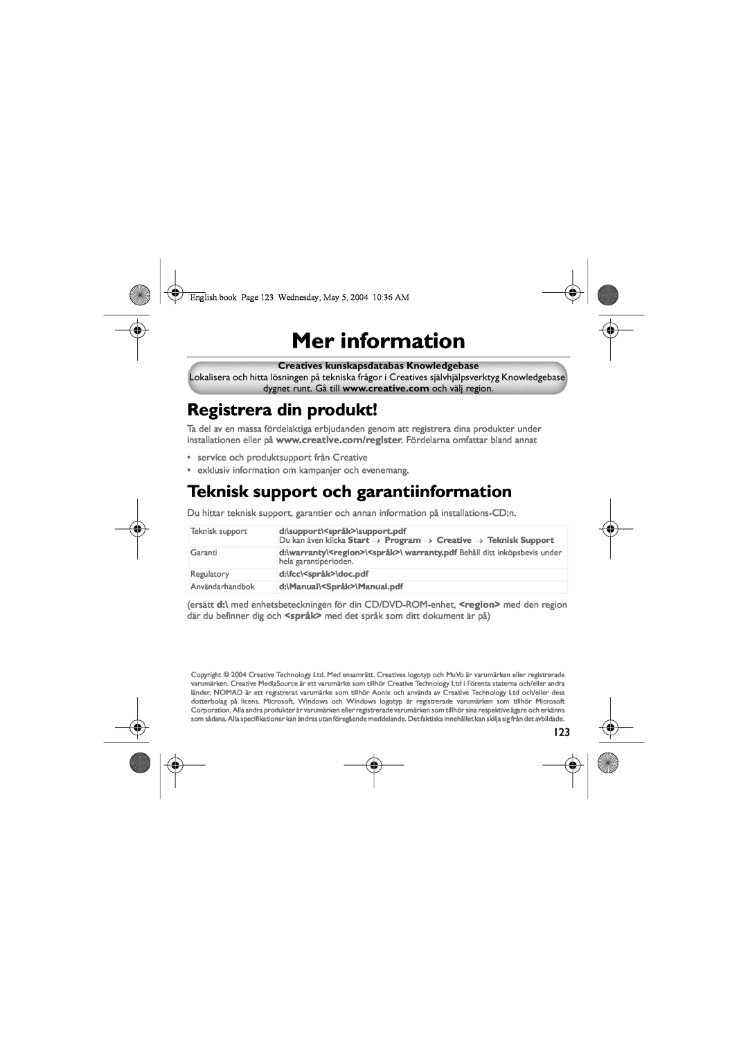 Musica CD Player manual Mer information, Registrera din produkt, Teknisk support och garantiinformation 