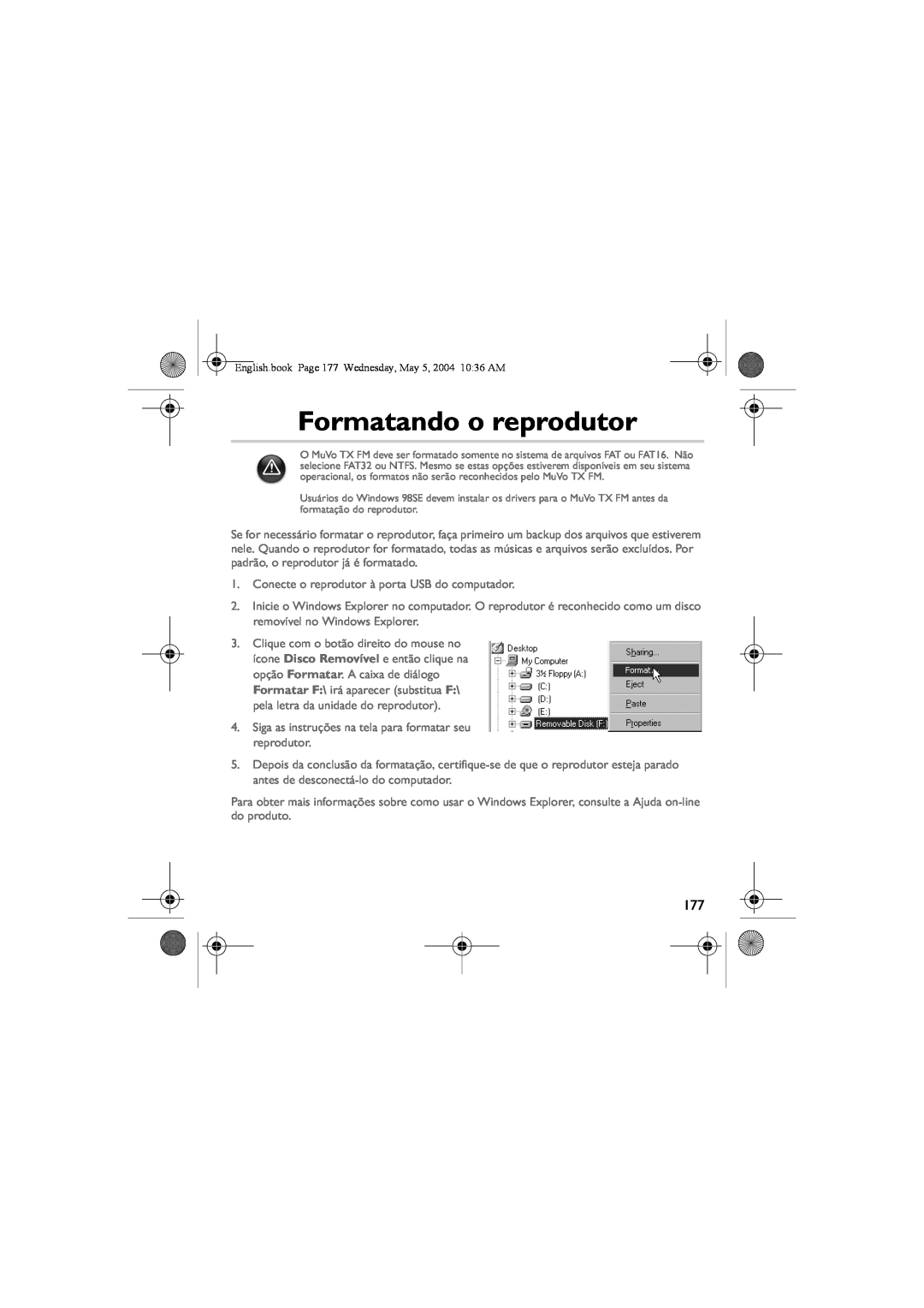 Musica CD Player manual Formatando o reprodutor 