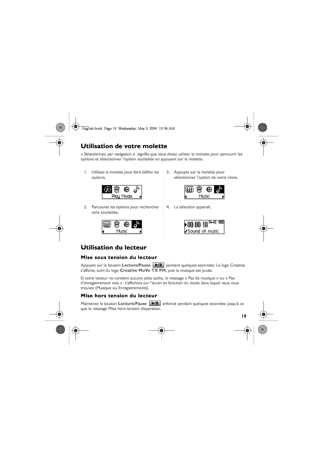 Musica CD Player manual Utilisation de votre molette, Utilisation du lecteur, Mise sous tension du lecteur 