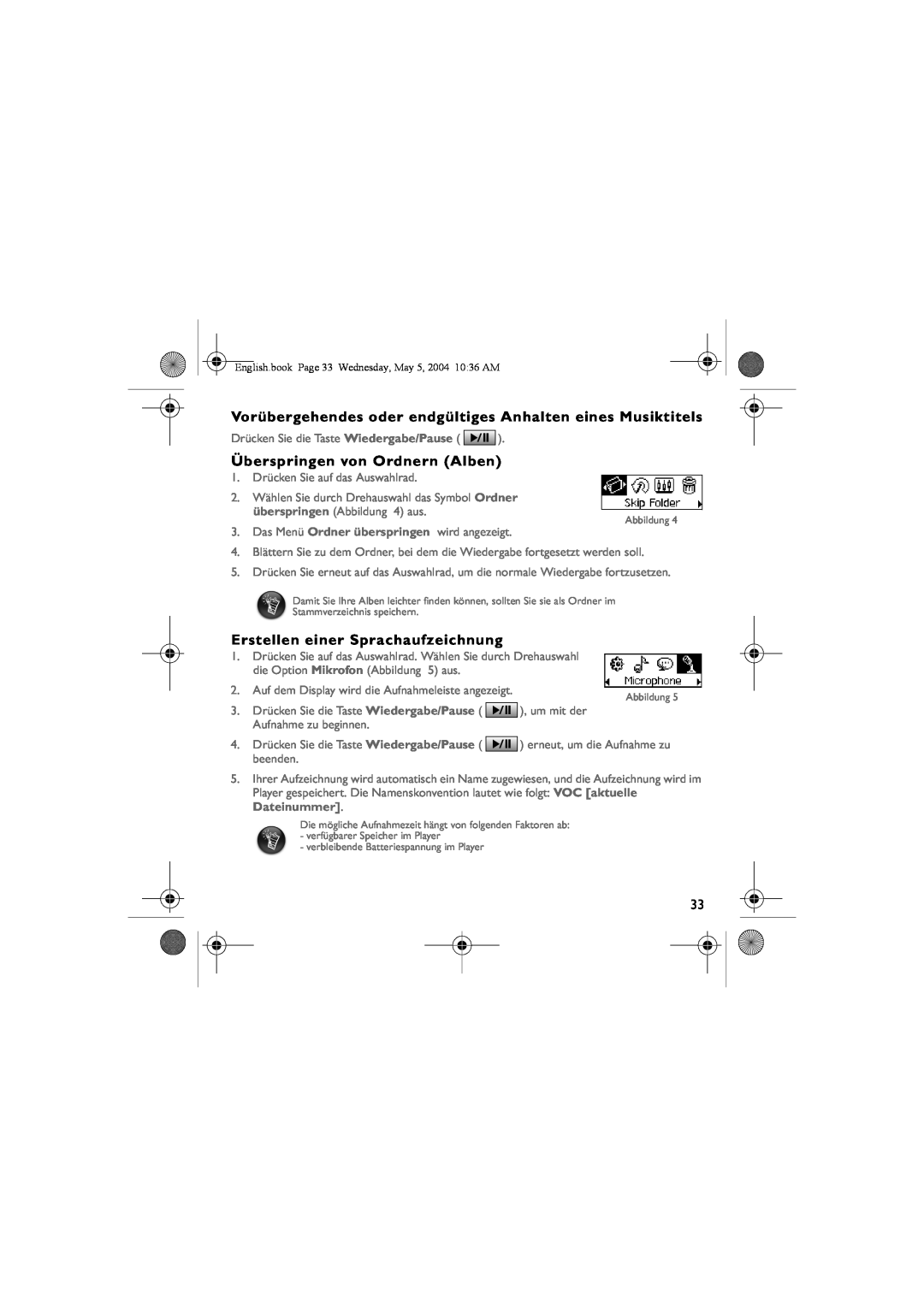 Musica CD Player manual Vorübergehendes oder endgültiges Anhalten eines Musiktitels, Überspringen von Ordnern Alben 