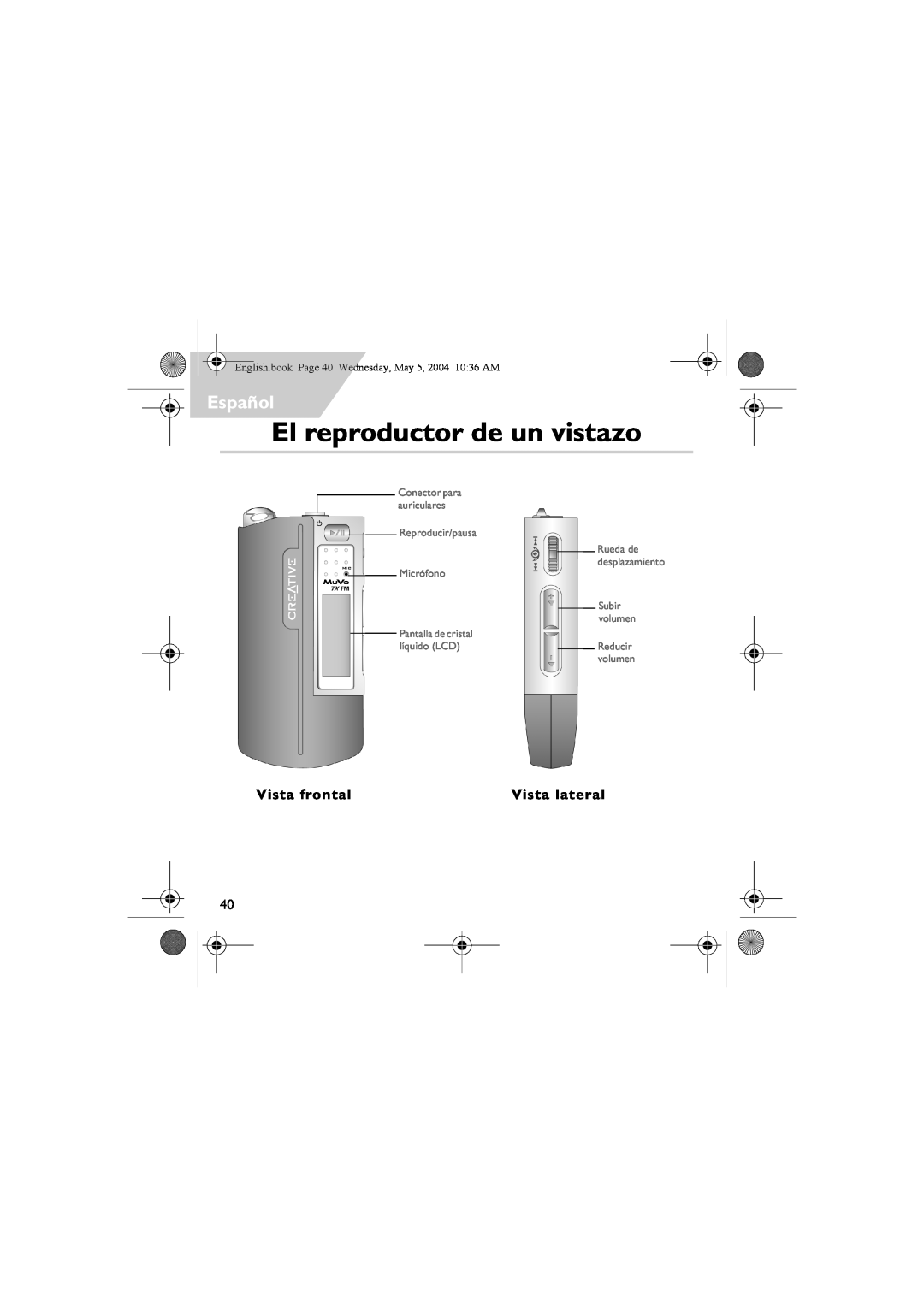 Musica CD Player manual El reproductor de un vistazo, Español, Vista frontal, Vista lateral, Rueda de desplazamiento 