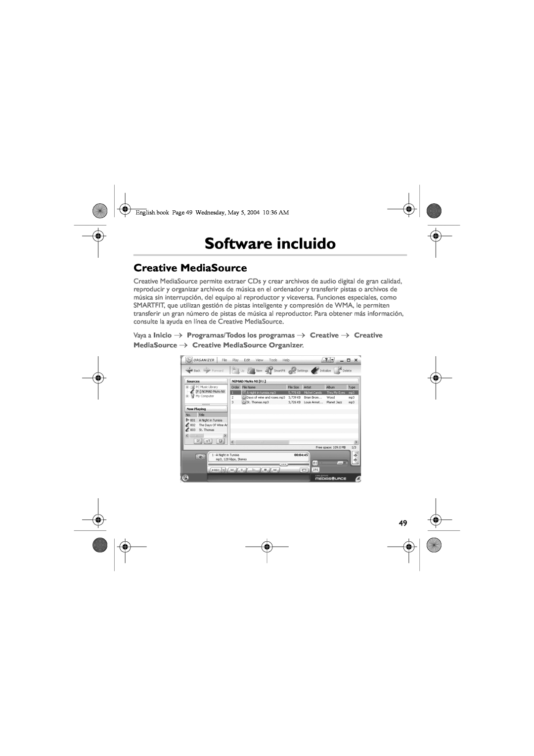 Musica CD Player manual Software incluido, Creative MediaSource, English.book Page 49 Wednesday, May 5, 2004 1036 AM 