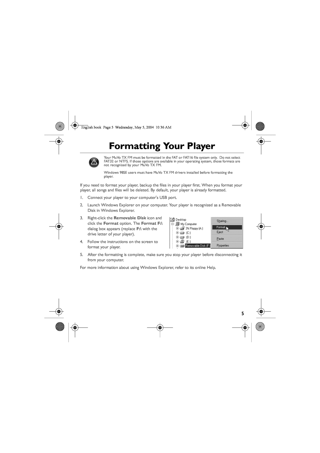 Musica CD Player manual Formatting Your Player 