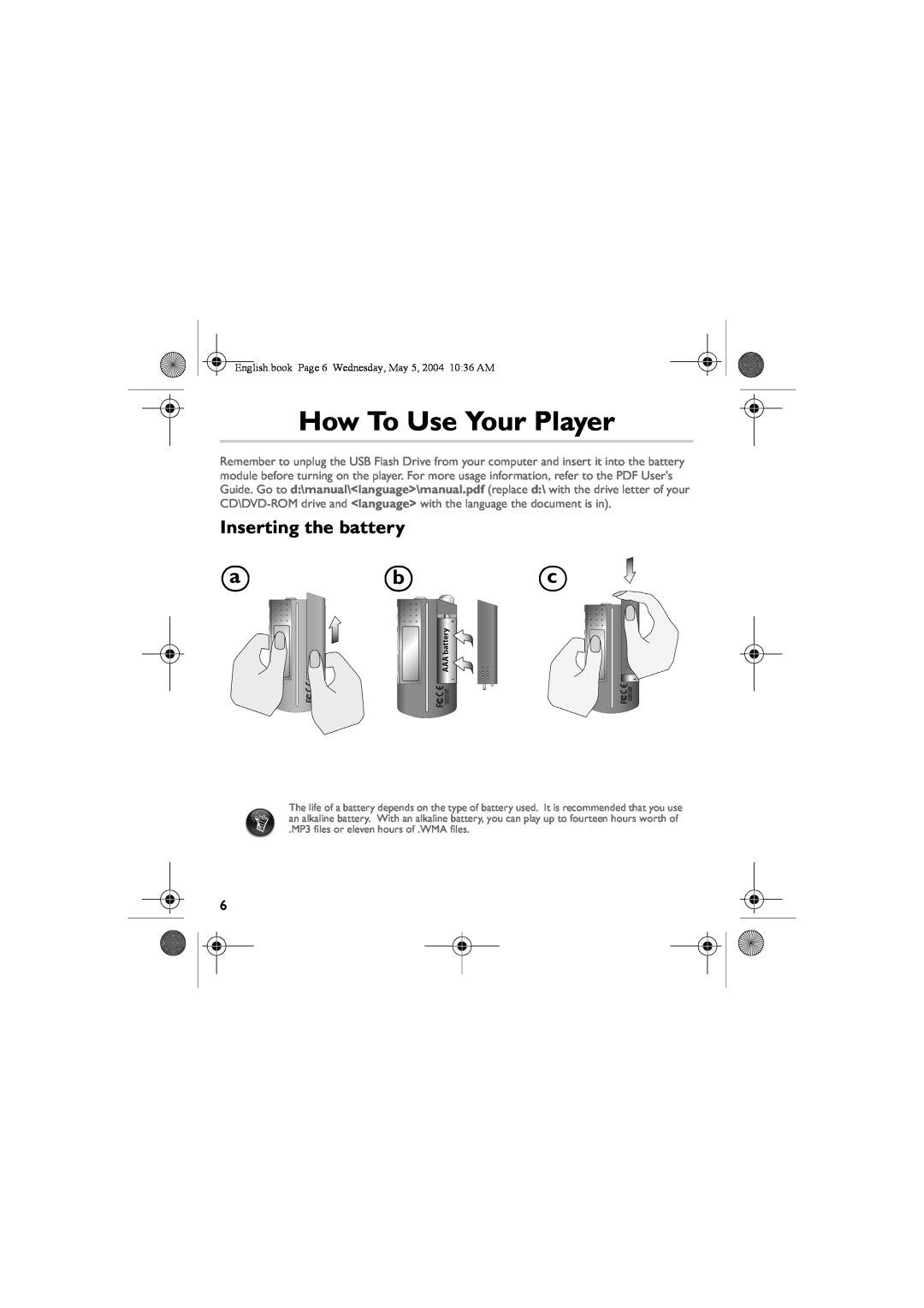 Musica CD Player manual How To Use Your Player, Inserting the battery 