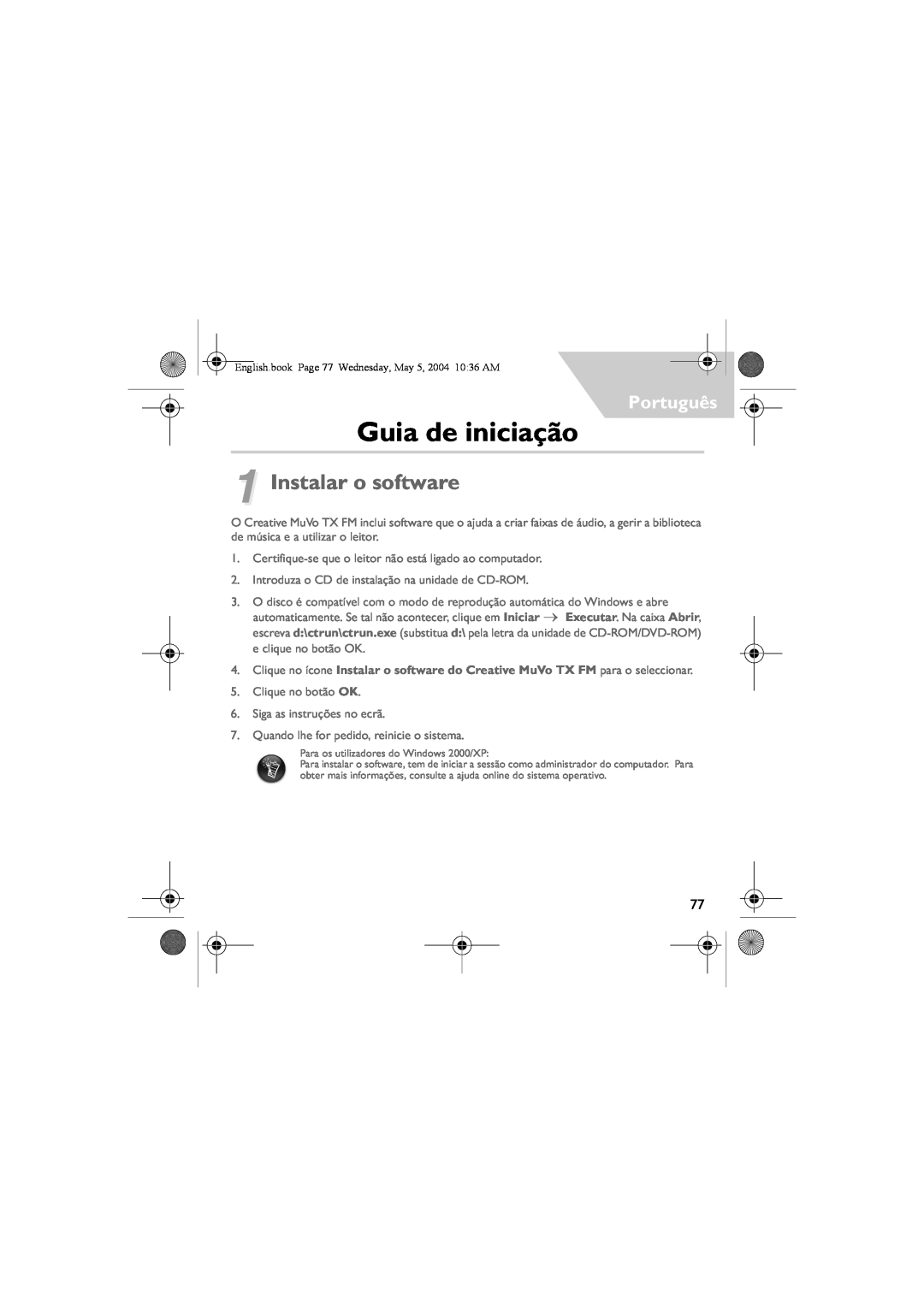 Musica CD Player manual Guia de iniciação, Instalar o software, Português 