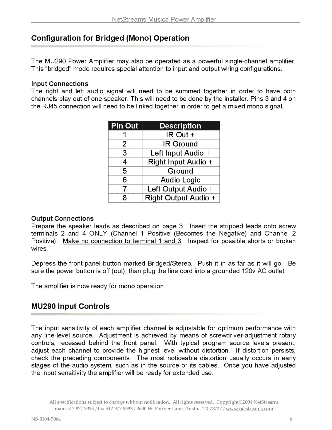 Musica installation and operation guide Configuration for Bridged Mono Operation, MU290 Input Controls 