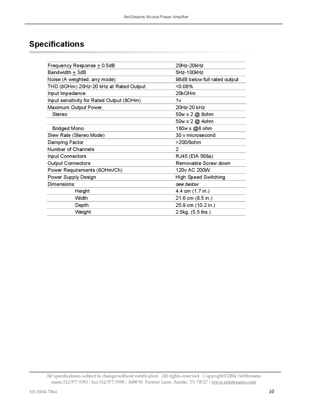 Musica MU290 installation and operation guide Specifications 