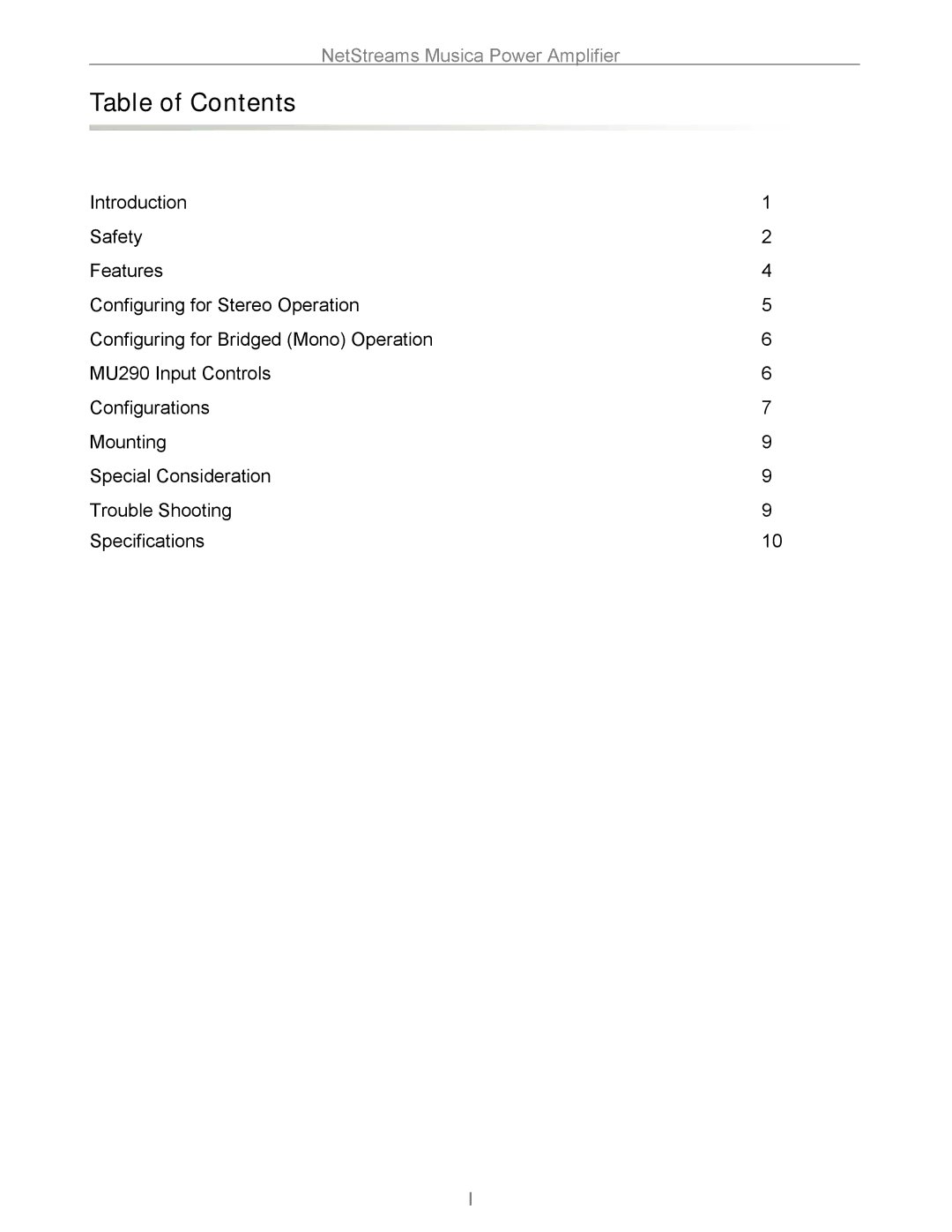 Musica MU290 installation and operation guide Table of Contents 