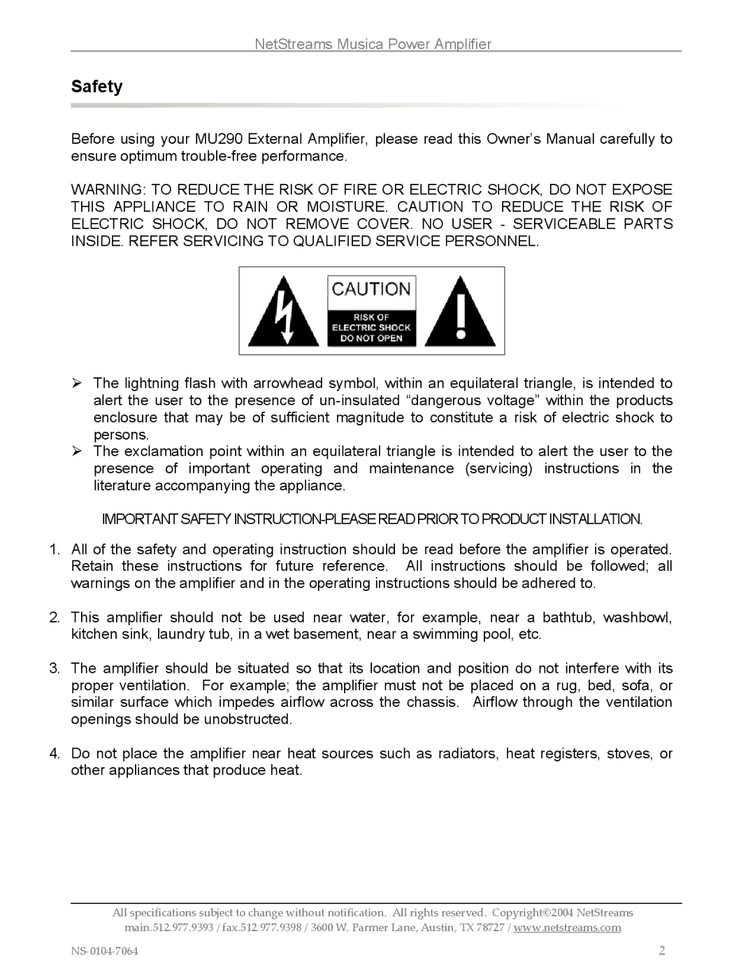 Musica MU290 installation and operation guide Safety 