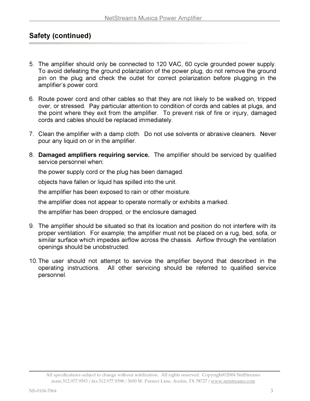 Musica MU290 installation and operation guide Safety 