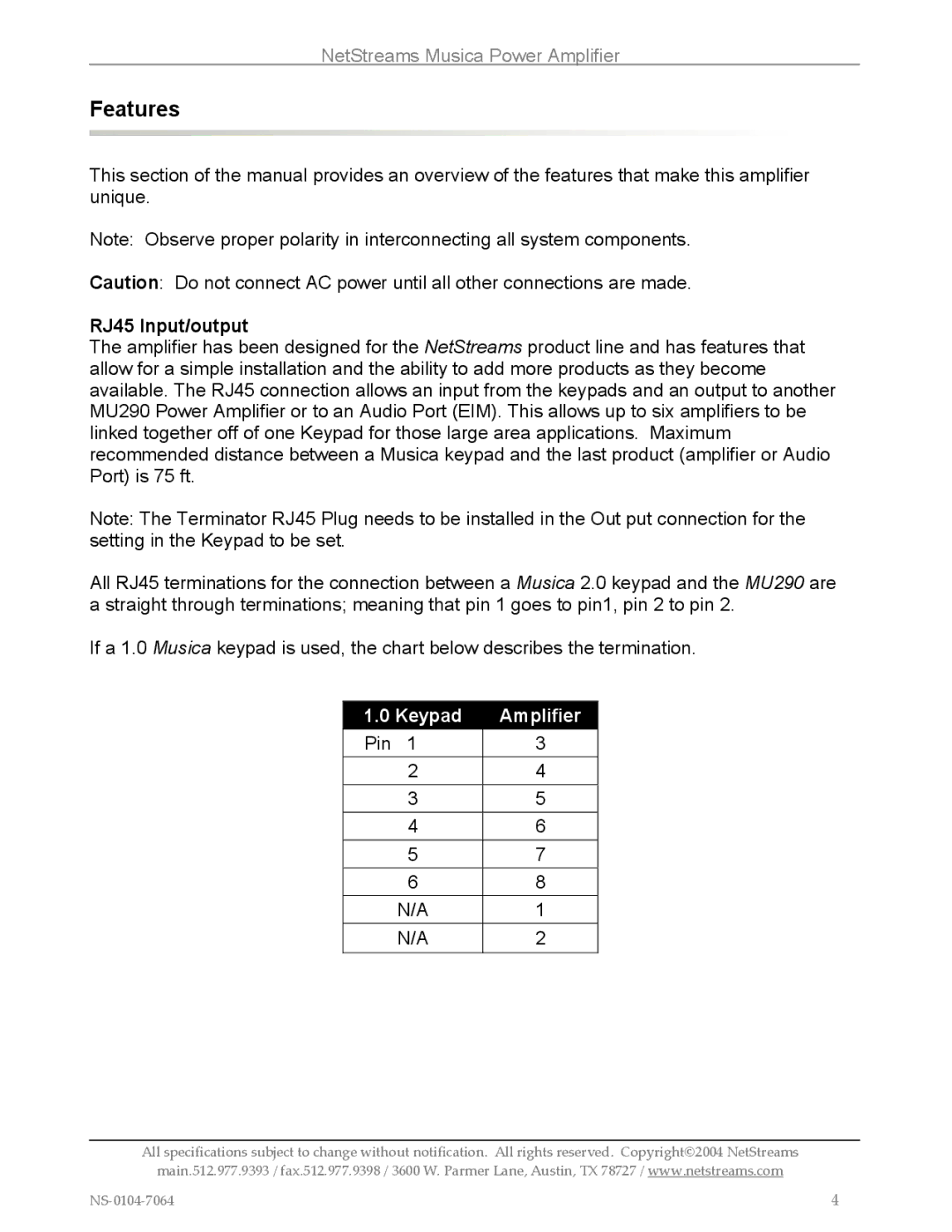 Musica MU290 installation and operation guide Features, RJ45 Input/output 