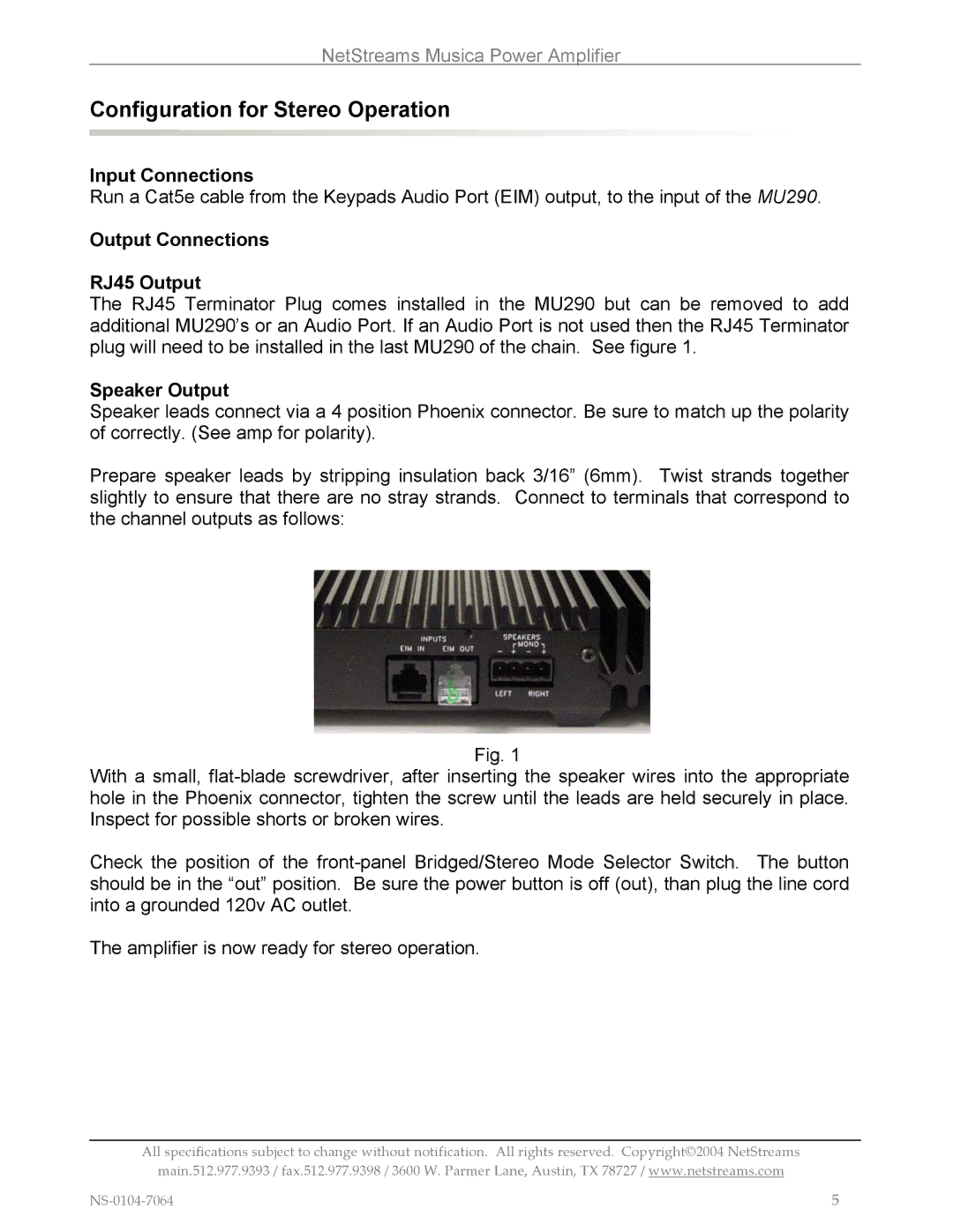 Musica MU290 installation and operation guide Configuration for Stereo Operation, Output Connections RJ45 Output 