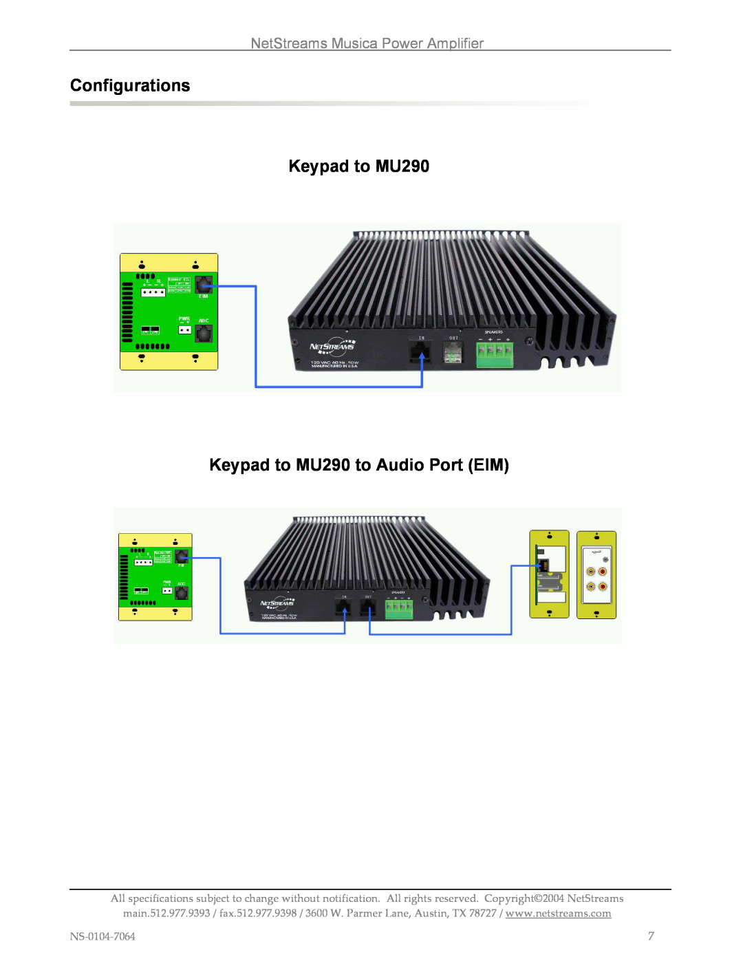 Musica Configurations Keypad to MU290, Keypad to MU290 to Audio Port EIM, NetStreams Musica Power Amplifier 