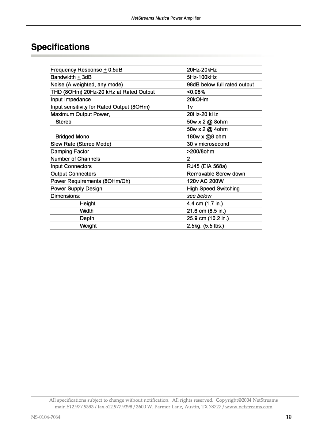 Musica MU290 installation and operation guide Specifications, see below 