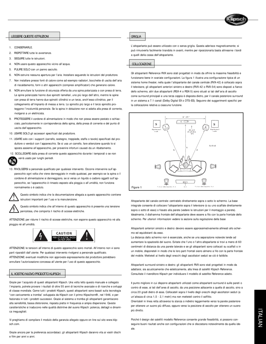 Musica RVX owner manual Leggere Queste Istruzioni Conservarle, Usare Solo gli accessori specificati dal produttore, Griglia 