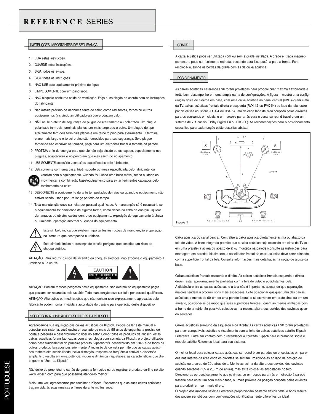 Musica RVX Instruções Importantes DE Segurança, Sobre SUA Aquisição DE Produtos DA Klipsch, Grade, Posicionamento 