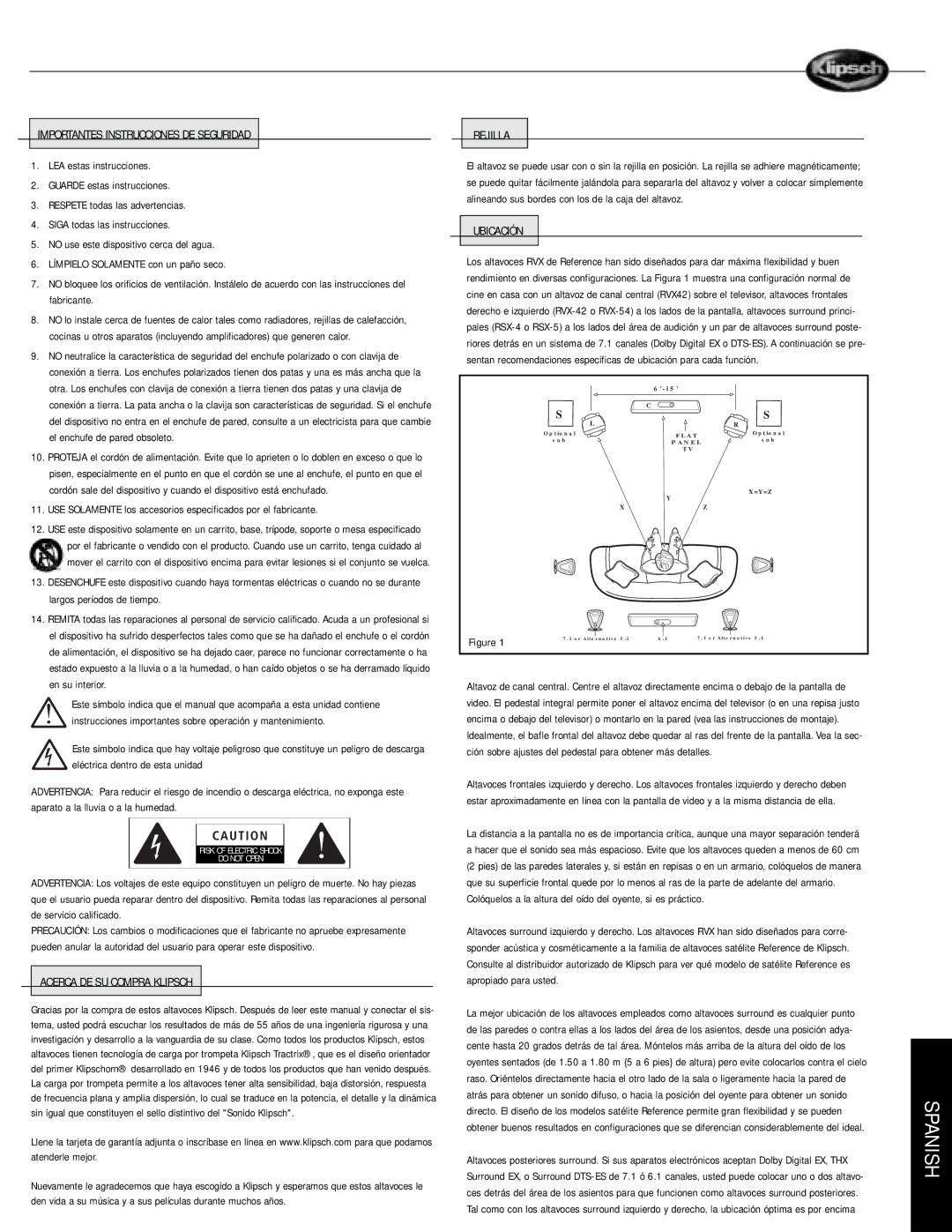 Musica RVX owner manual Importantes Instrucciones DE Seguridad, Acerca DE SU Compra Klipsch, Rejilla, Ubicación 