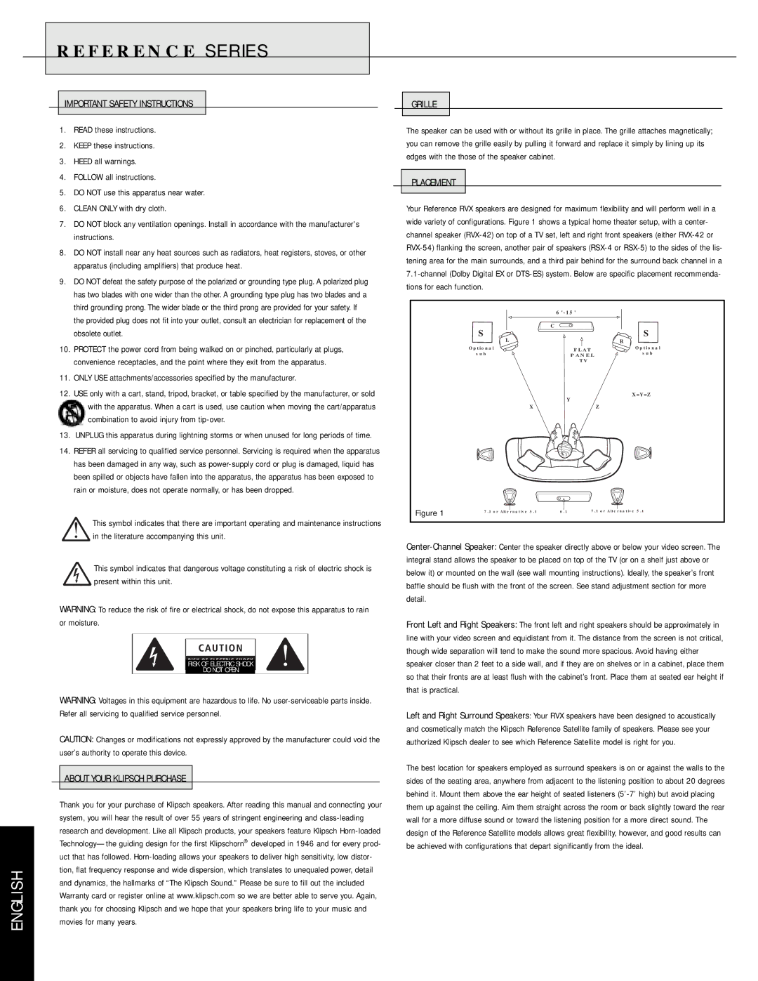 Musica RVX owner manual Important Safety Instructions, About Your Klipsch Purchase Grille, Placement 