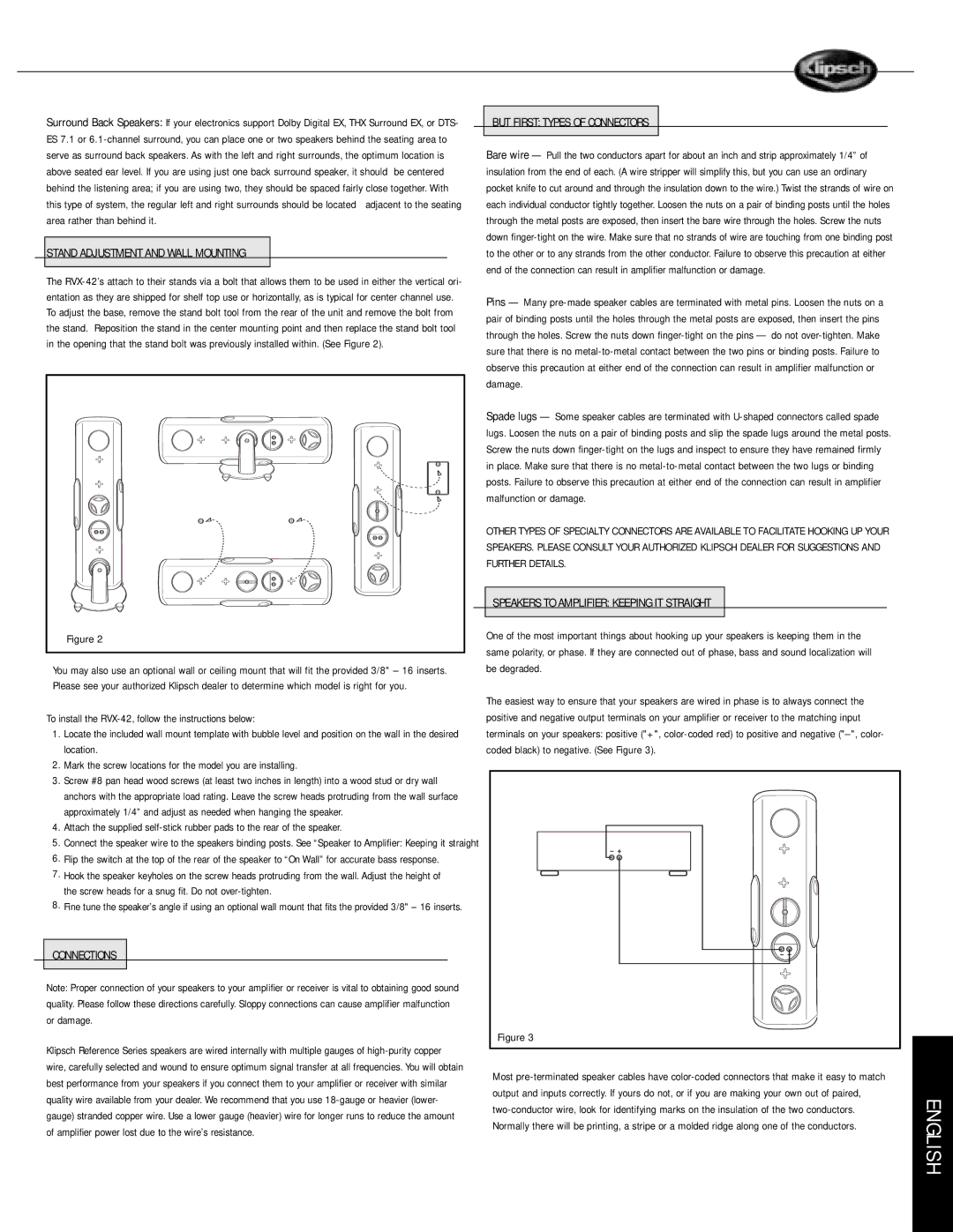 Musica RVX owner manual But First Types of Connectors, Stand Adjustment and Wall Mounting, Further Details 